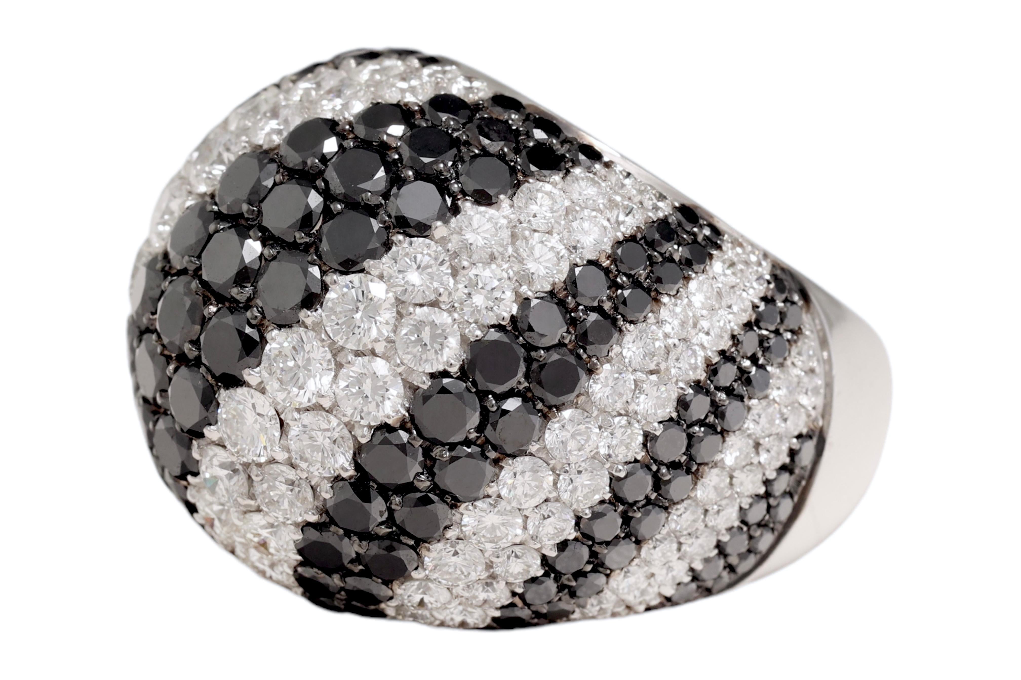 Modern 18 Kt White Gold Dome Full Pavé Diamond Ring, Black & White Diamonds For Sale