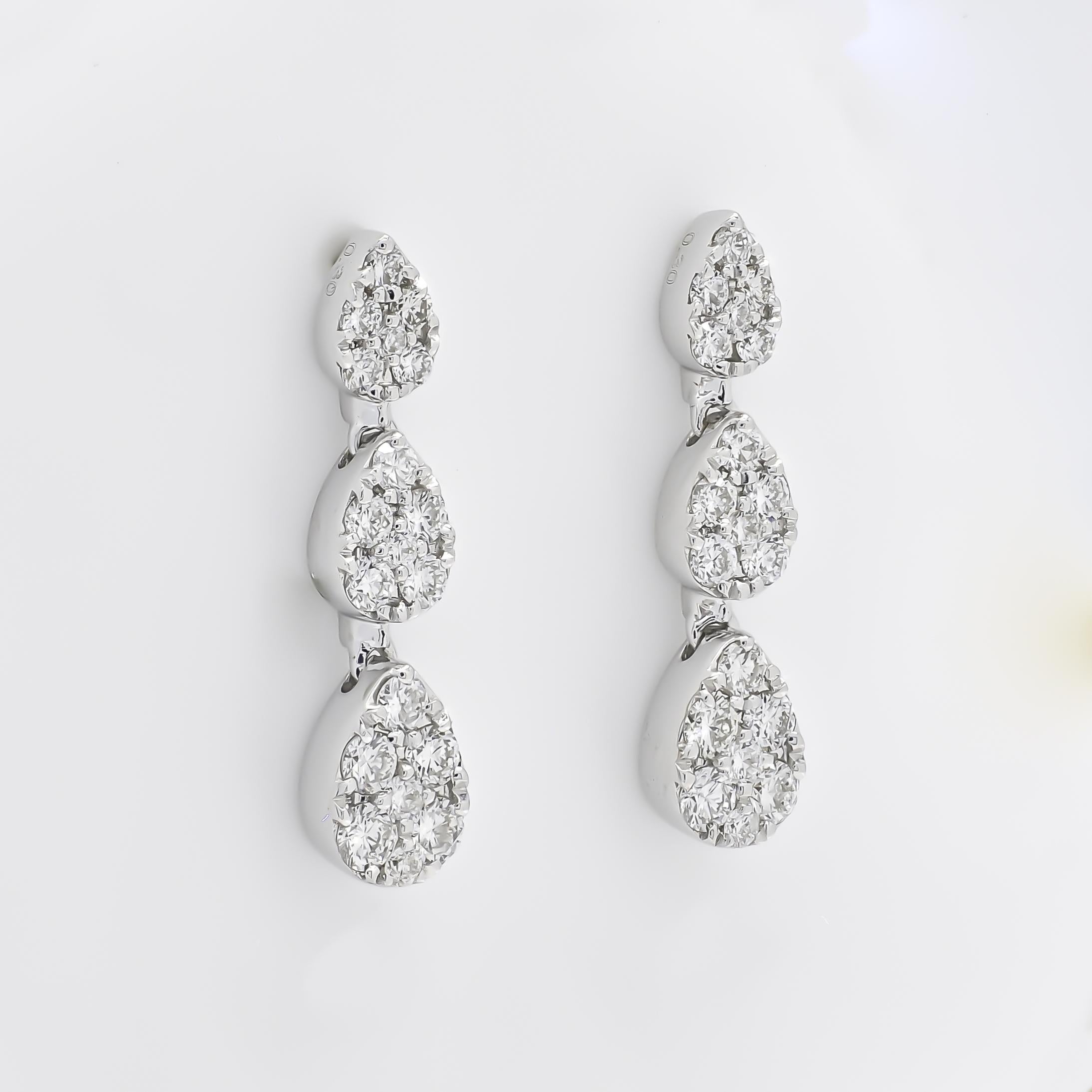 Artisan 18kt White Gold Drop Natural Diamond Pear Shape Cluster Dangler Earring For Sale