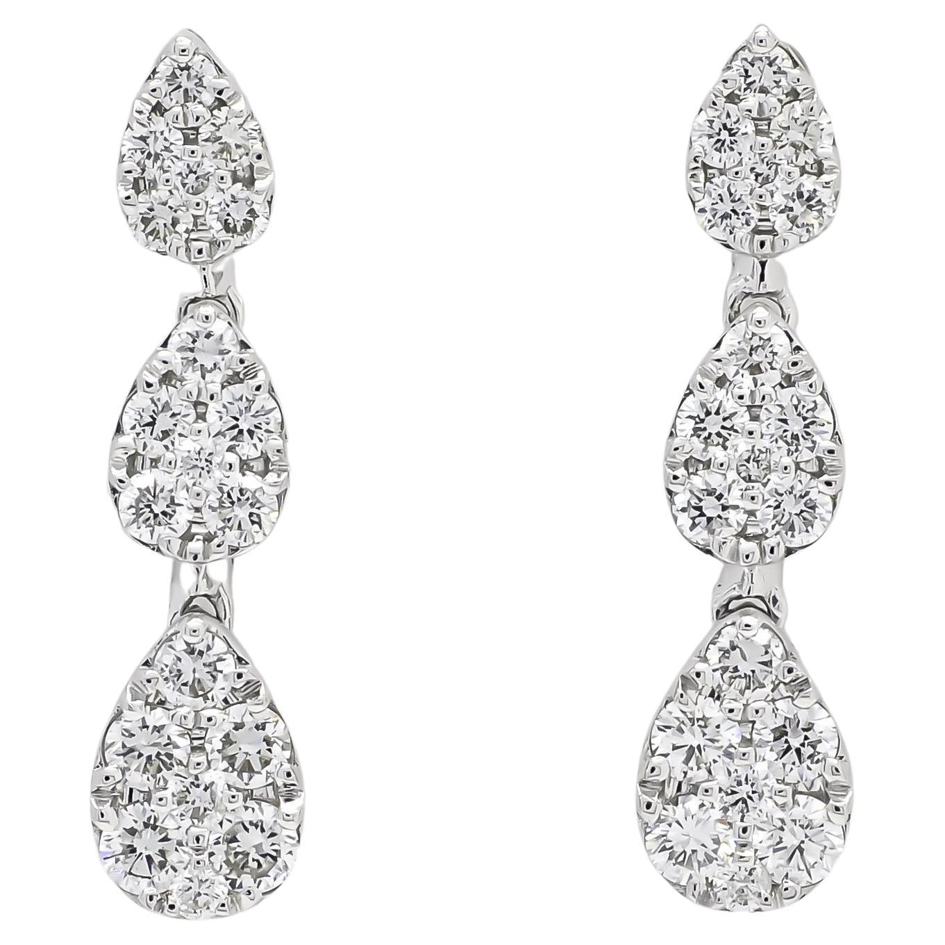 18kt White Gold Drop Natural Diamond Pear Shape Cluster Dangler Earring For Sale