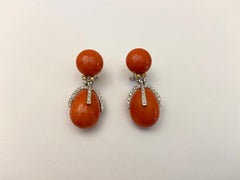 18 Kt White Gold Earrings, Natural Coral and Brilliant Cut Diamonds