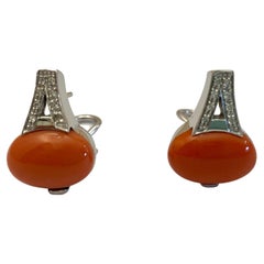 18 Kt White Gold Earrings, Natural Coral and Brilliant Cut Diamonds