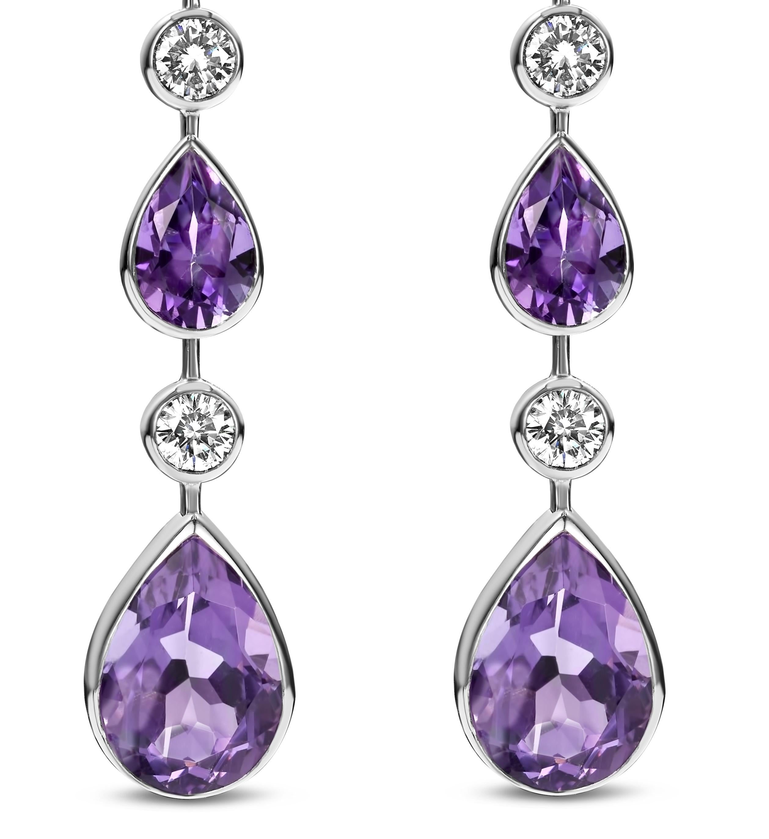 Very Elegant 18 kt. White Gold Earrings with 18.43 ct. Pear Shapes Amethyst & 1.55 ct. Brilliant cut Diamonds 

Completely hand made in our atelier,one of a kind.

Amethyst: Pear Shapes together approx. 18.43 ct.

Diamonds: Brilliant cut diamonds,