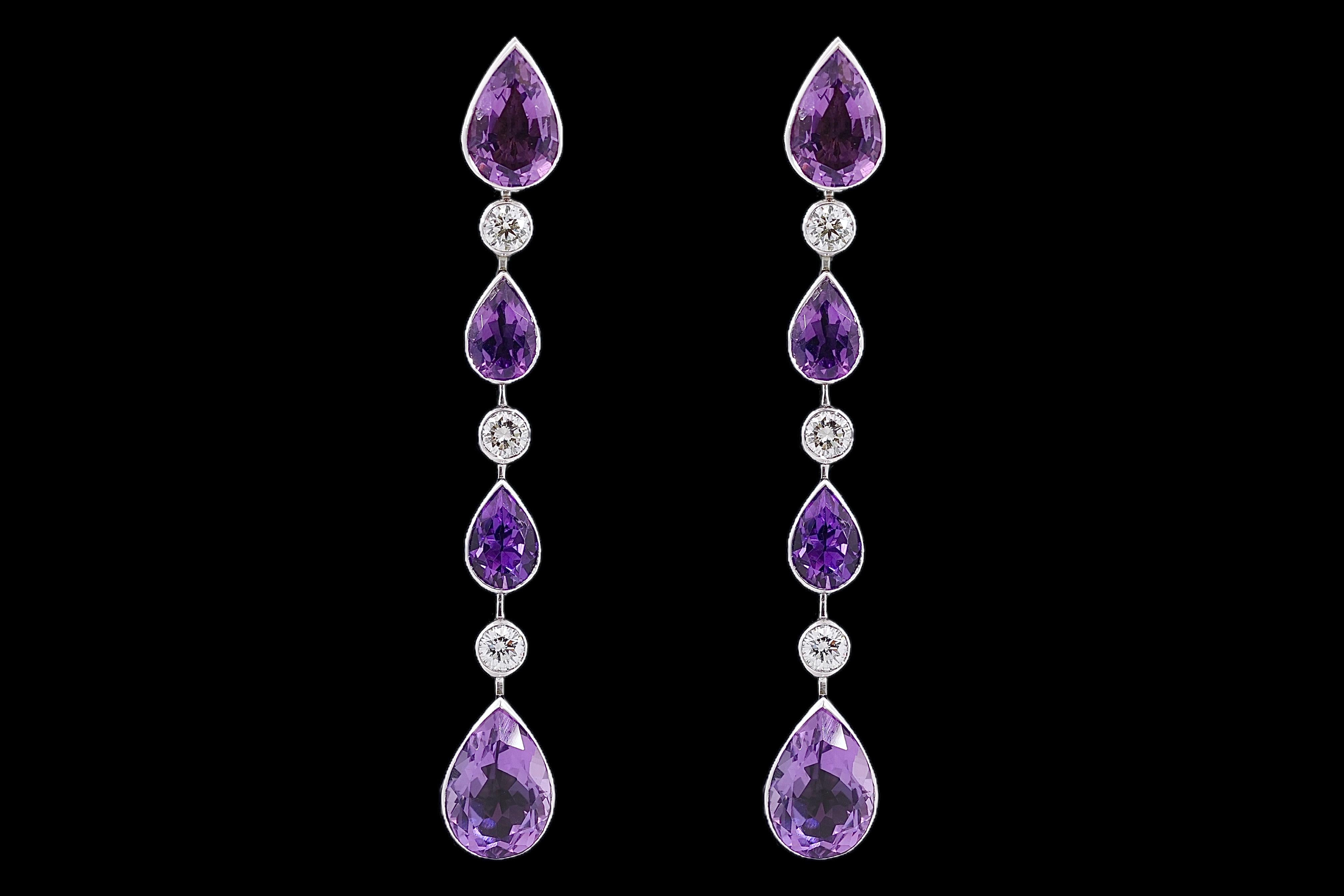 Artisan 18 Kt White Gold Earrings with 18.43ct Amethyst & 1.55ct Brilliant Cut Diamonds For Sale