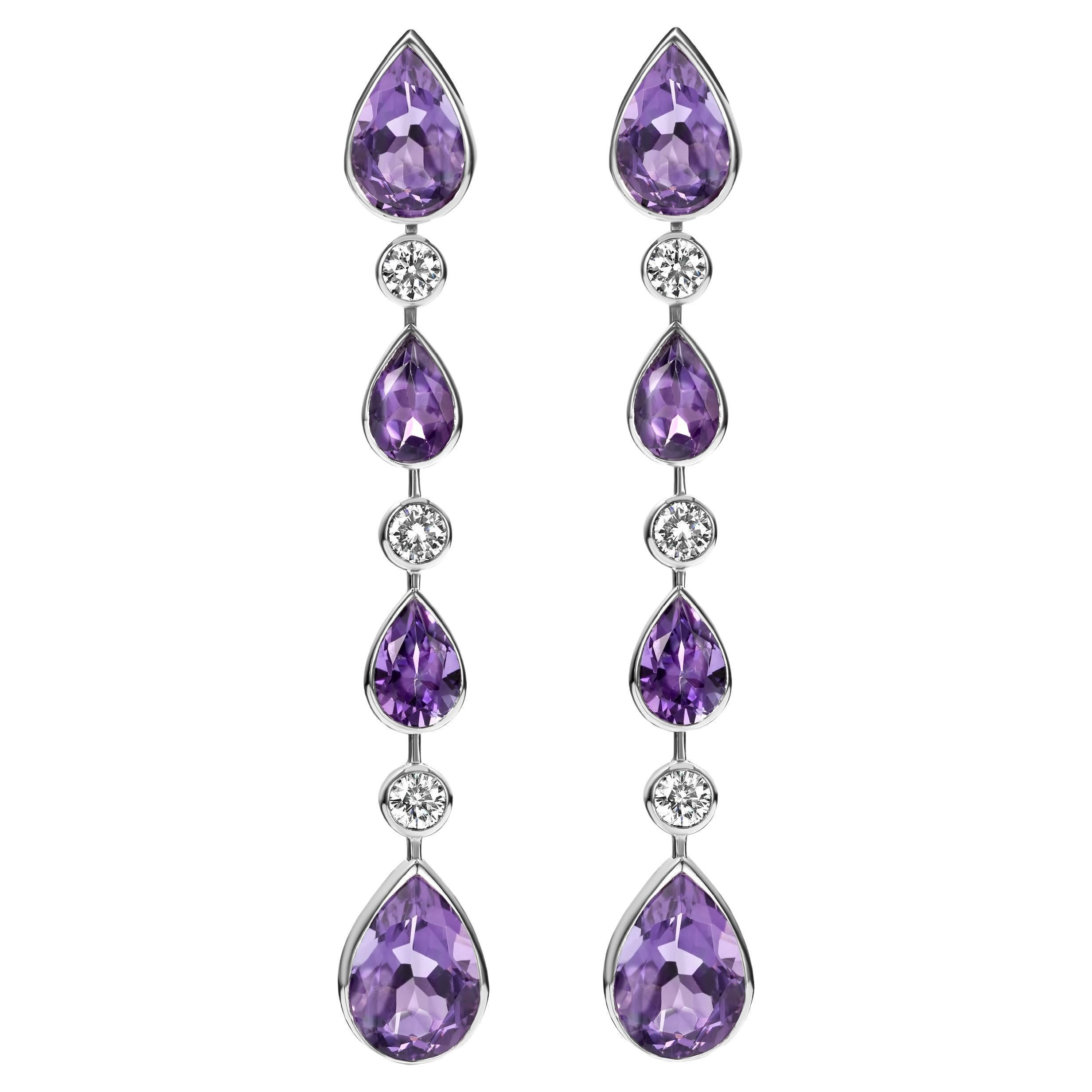 18 Kt White Gold Earrings with 18.43ct Amethyst & 1.55ct Brilliant Cut Diamonds For Sale