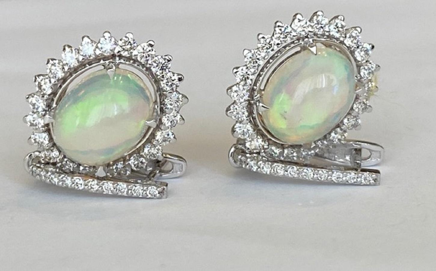 Contemporary 18 Kt. White Gold Earrings with 4.15 Ct Opals and Diamonds