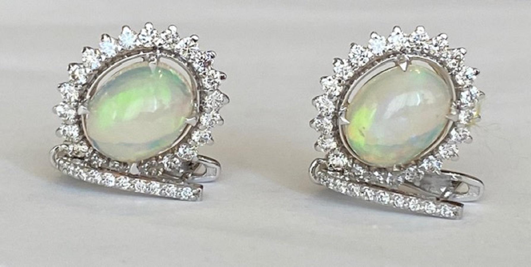 Brilliant Cut 18 Kt. White Gold Earrings with 4.15 Ct Opals and Diamonds