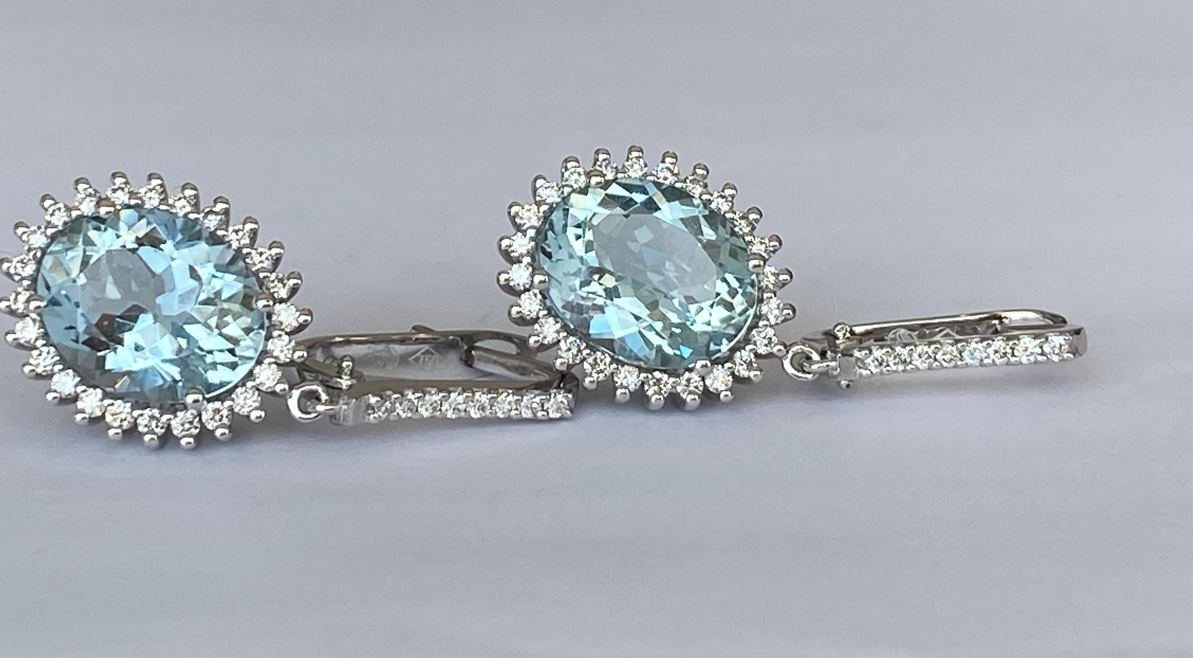 Oval Cut 18 Kt. White Gold Earrings with 6.02 Ct Aquamarine and Diamonds For Sale