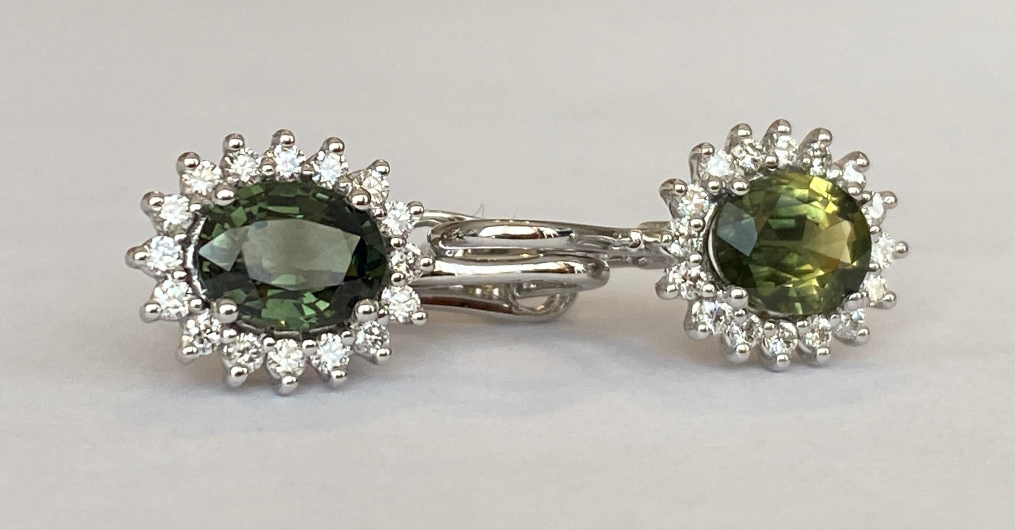 Women's or Men's 18 Karat White Gold Earrings with Green Sapphire Approx 3.00 Carat and Diamonds For Sale