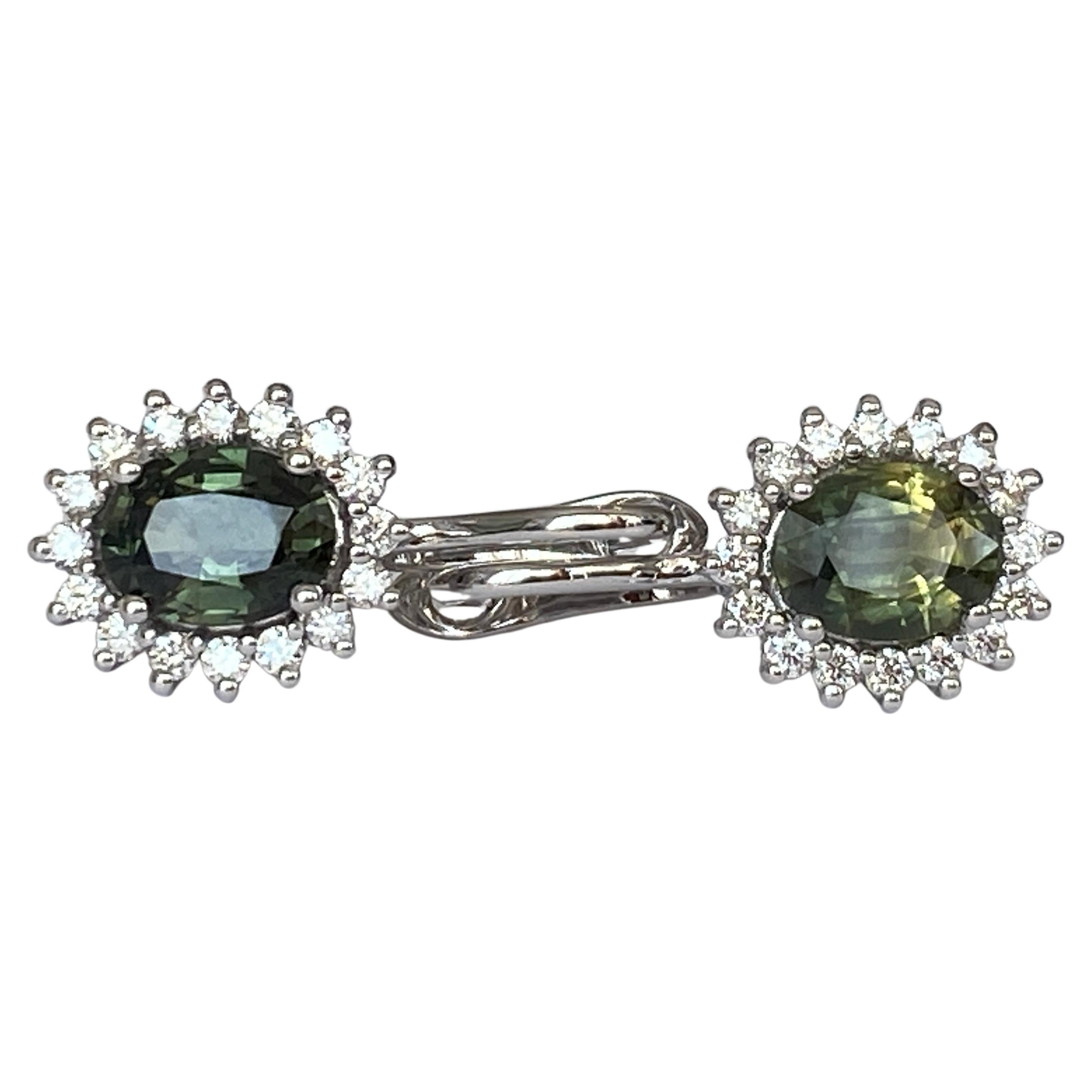 18 Karat White Gold Earrings with Green Sapphire Approx 3.00 Carat and Diamonds