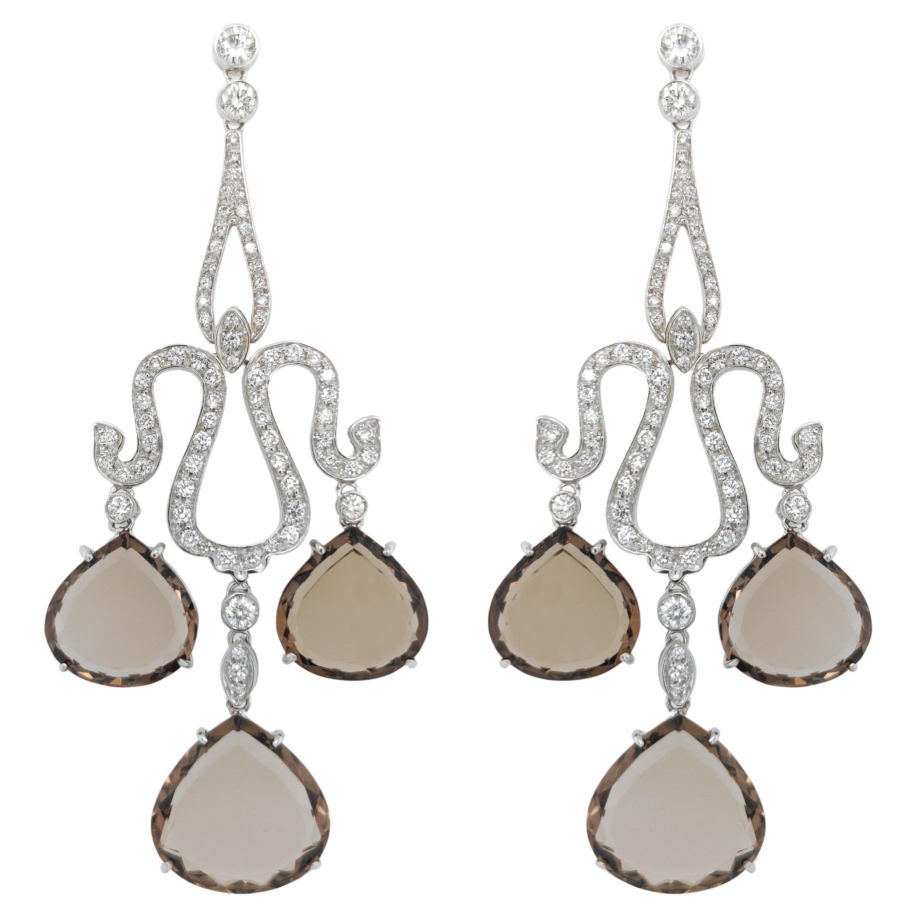 18 kt White Gold Earrings with Smoky quartz drops and 2, 70 carats of diamonds For Sale