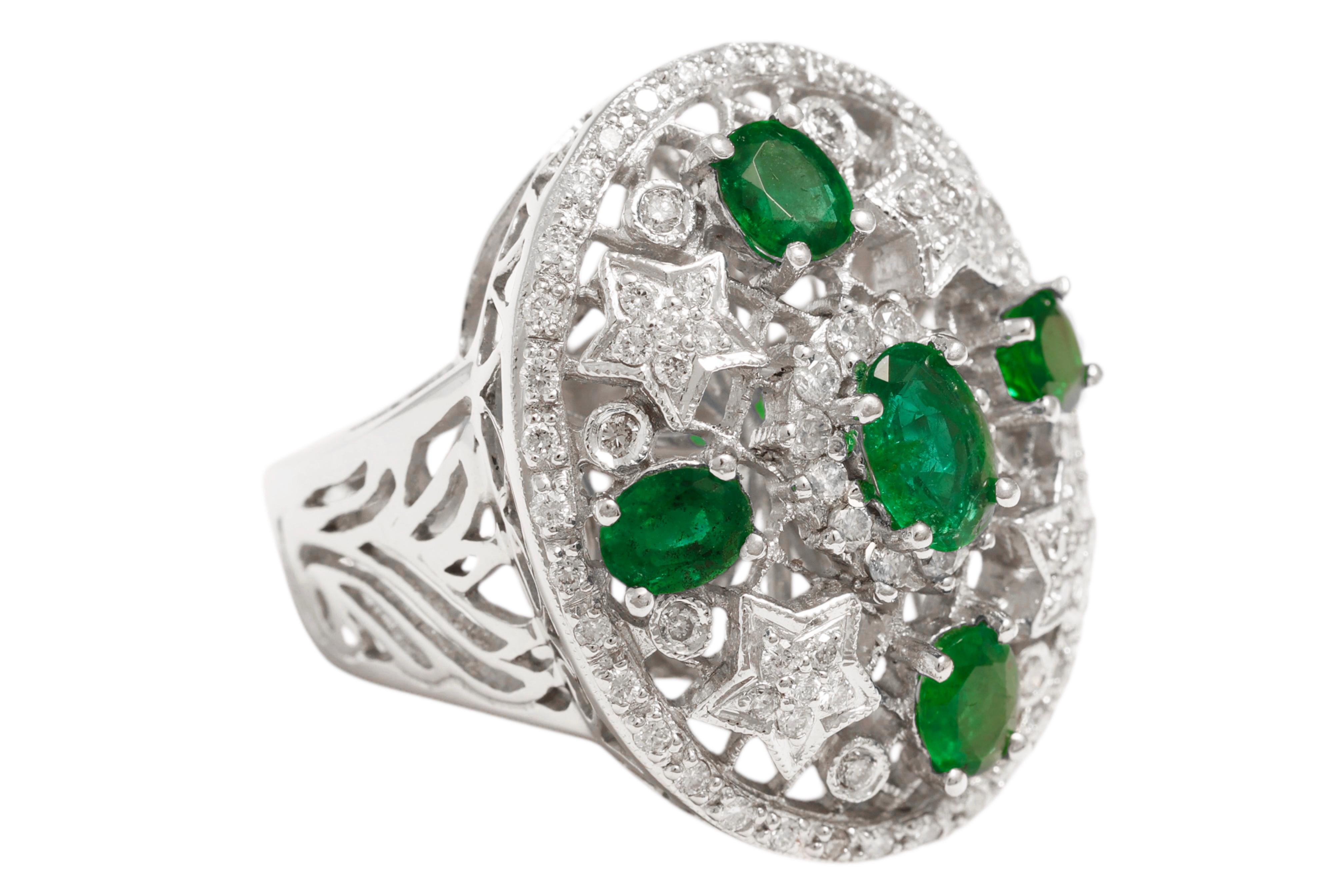 Oval Cut 18 Kt White Gold Emeralds & Diamonds Ring, Filligre Style For Sale