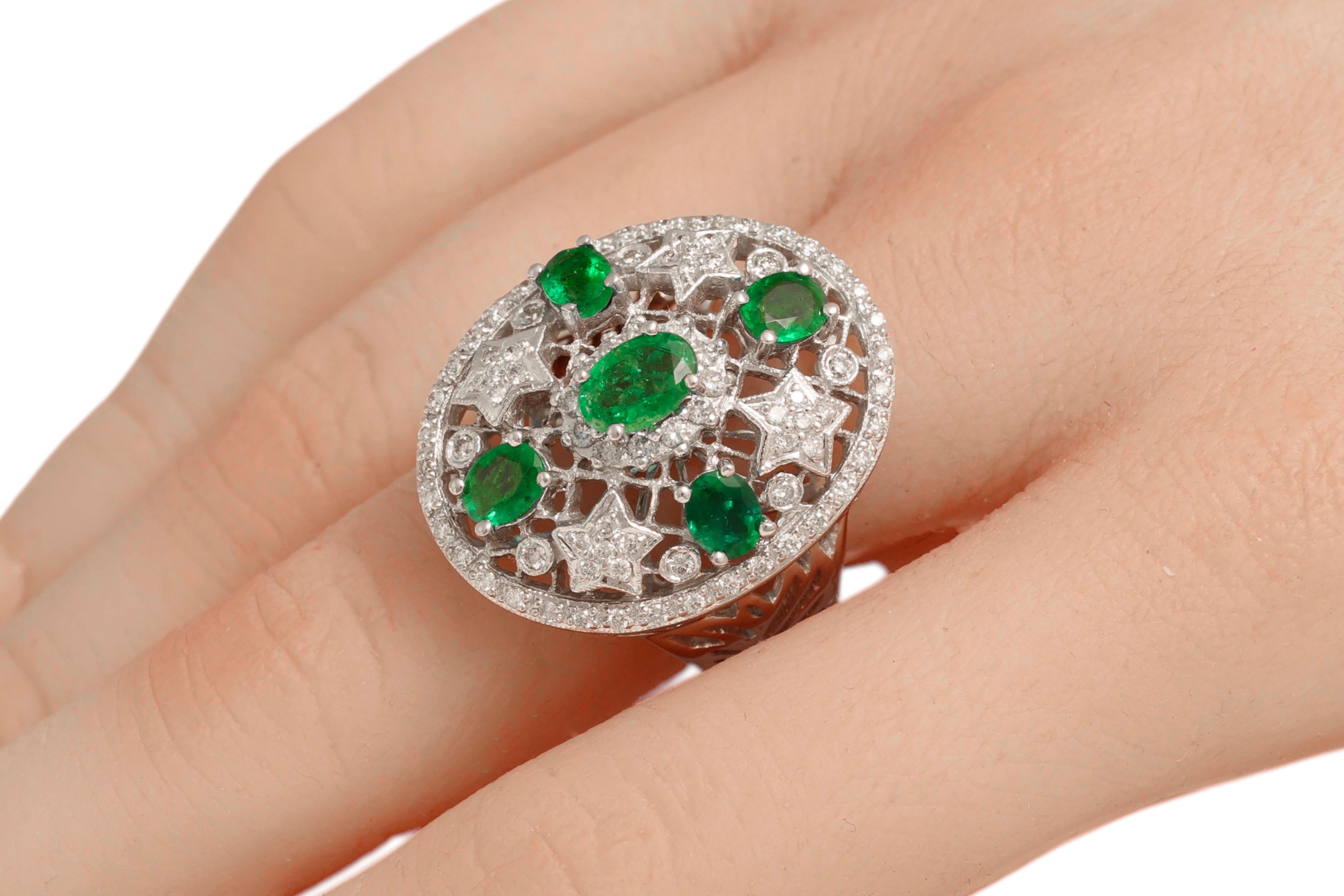 18 Kt White Gold Emeralds & Diamonds Ring, Filligre Style For Sale 6