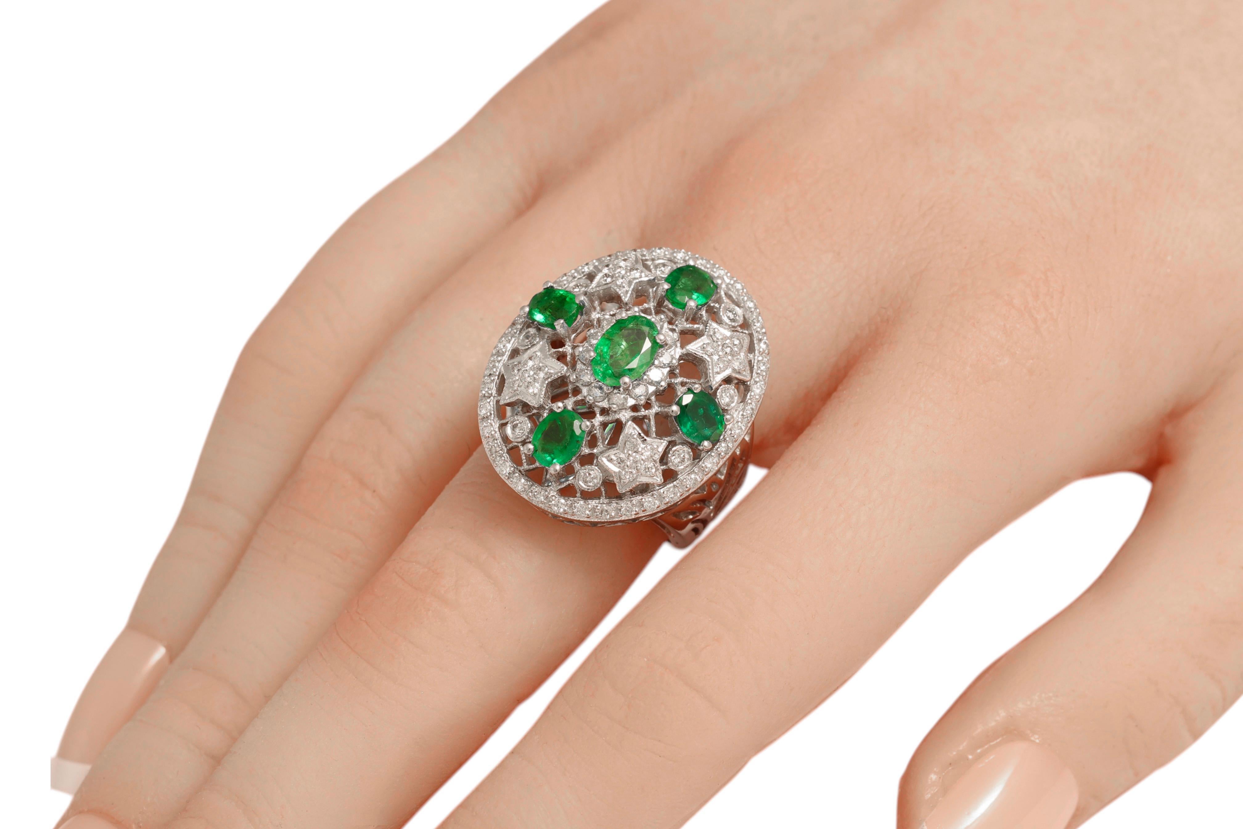 18 Kt White Gold Emeralds & Diamonds Ring, Filligre Style For Sale 4