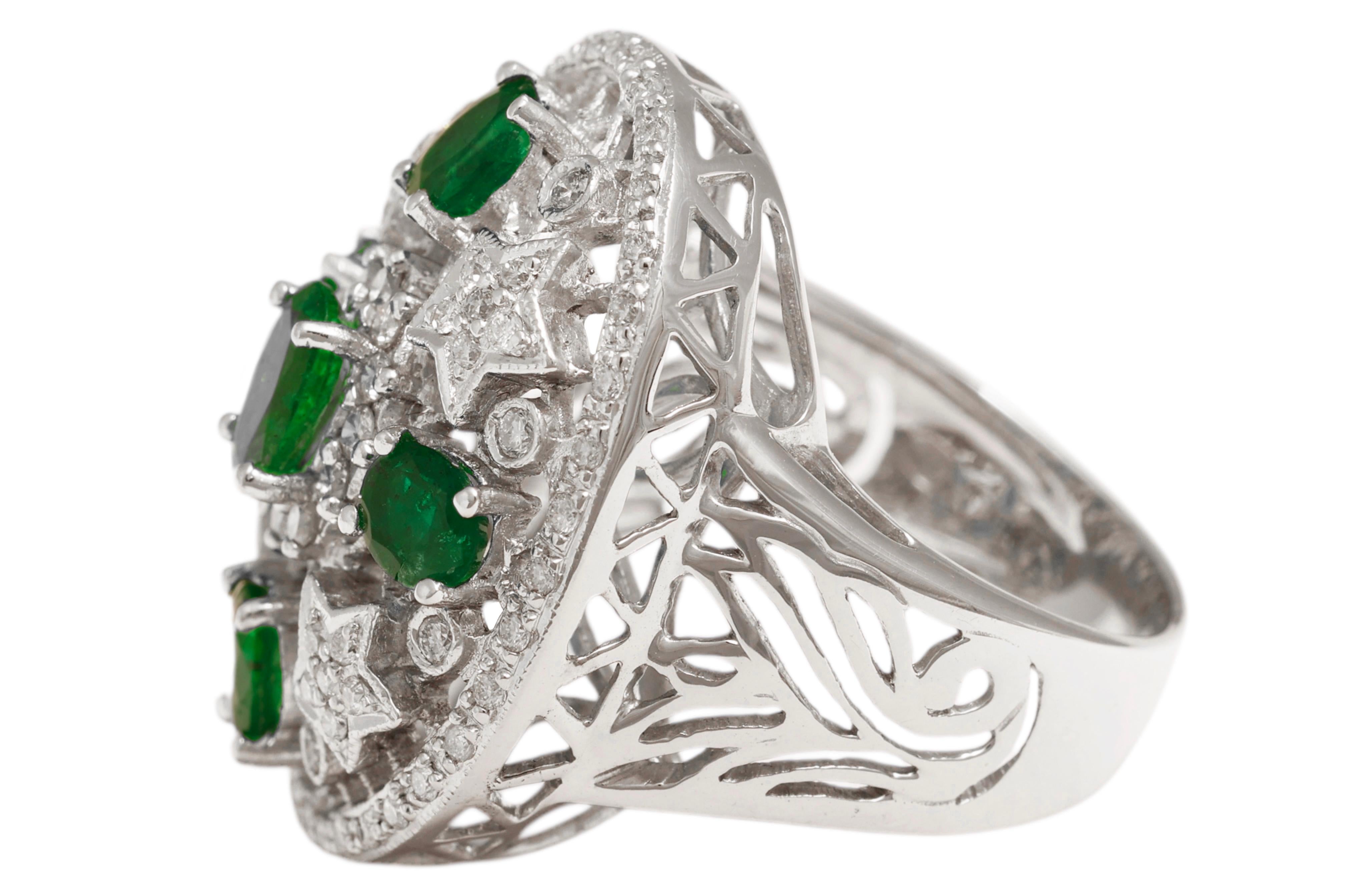 Artisan 18 Kt White Gold Emeralds & Diamonds Ring, Filligre Style For Sale
