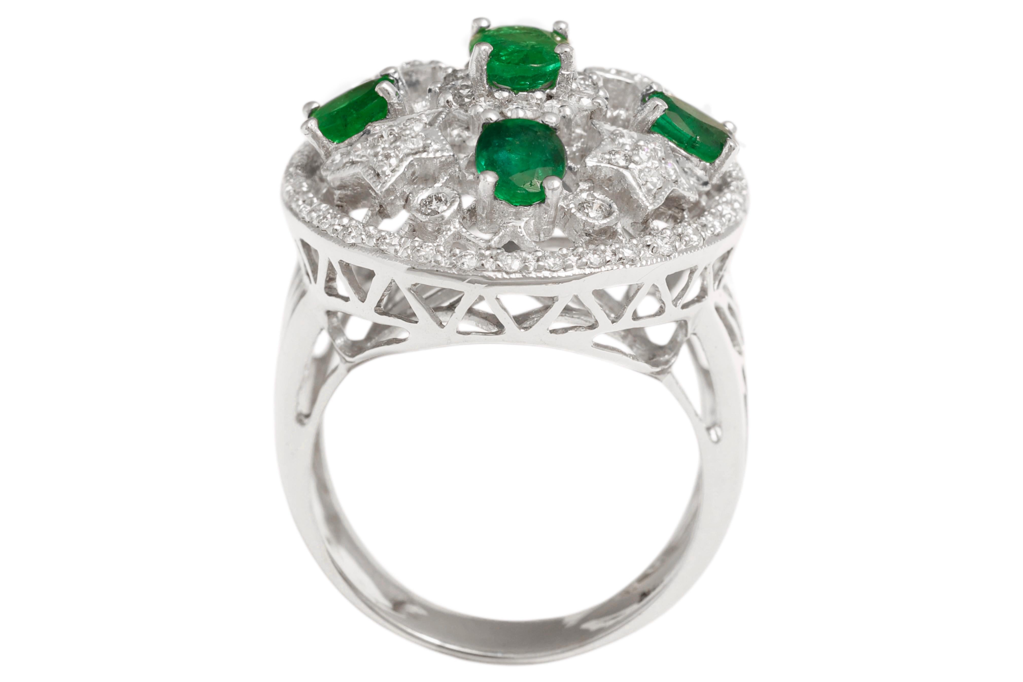 18 Kt White Gold Emeralds & Diamonds Ring, Filligre Style For Sale 1