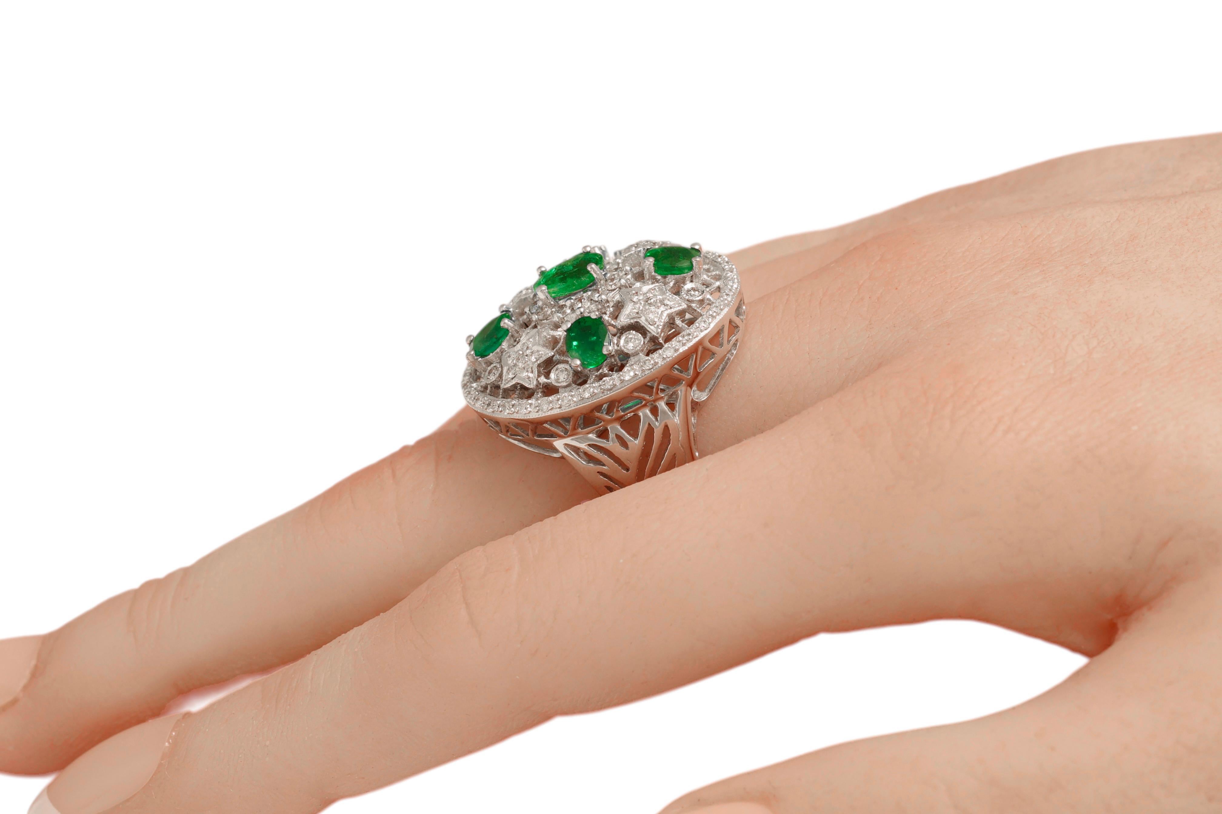18 Kt White Gold Emeralds & Diamonds Ring, Filligre Style For Sale 5