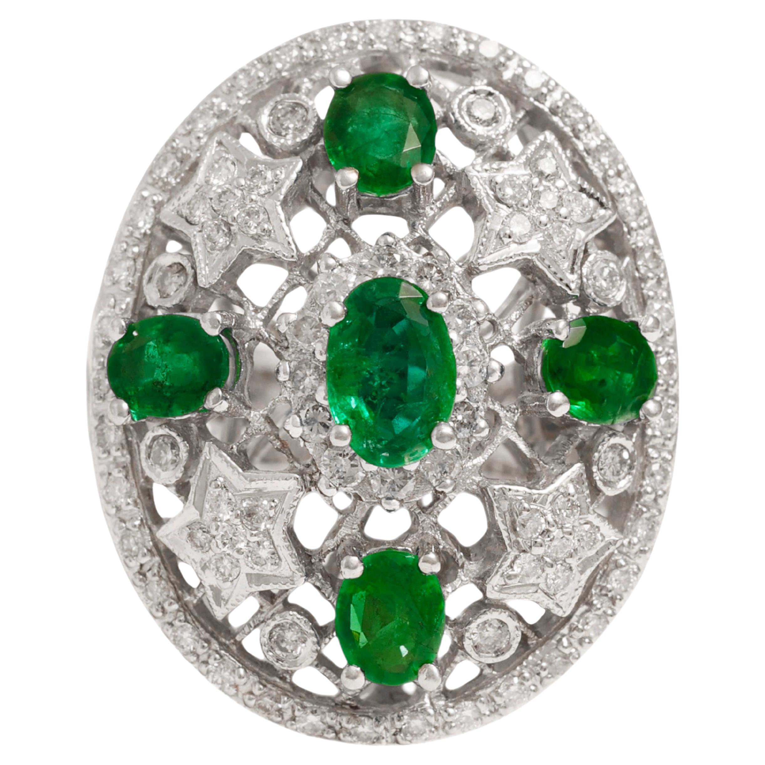 18 Kt White Gold Emeralds & Diamonds Ring, Filligre Style For Sale