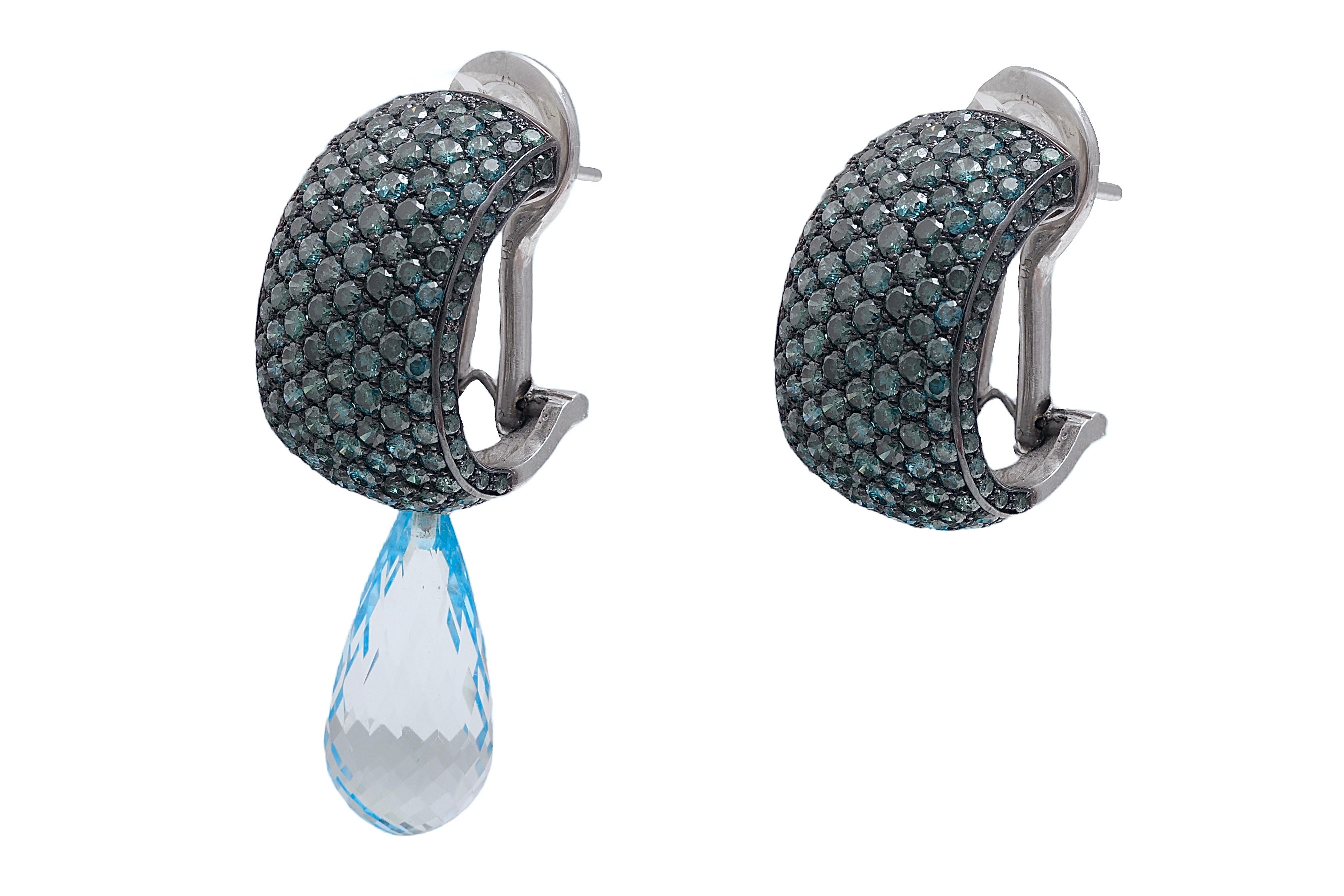Brilliant Cut 18 Kt White Gold Enhanced 5.76 Ct Blue Diamond Earrings, Changable Pendents For Sale