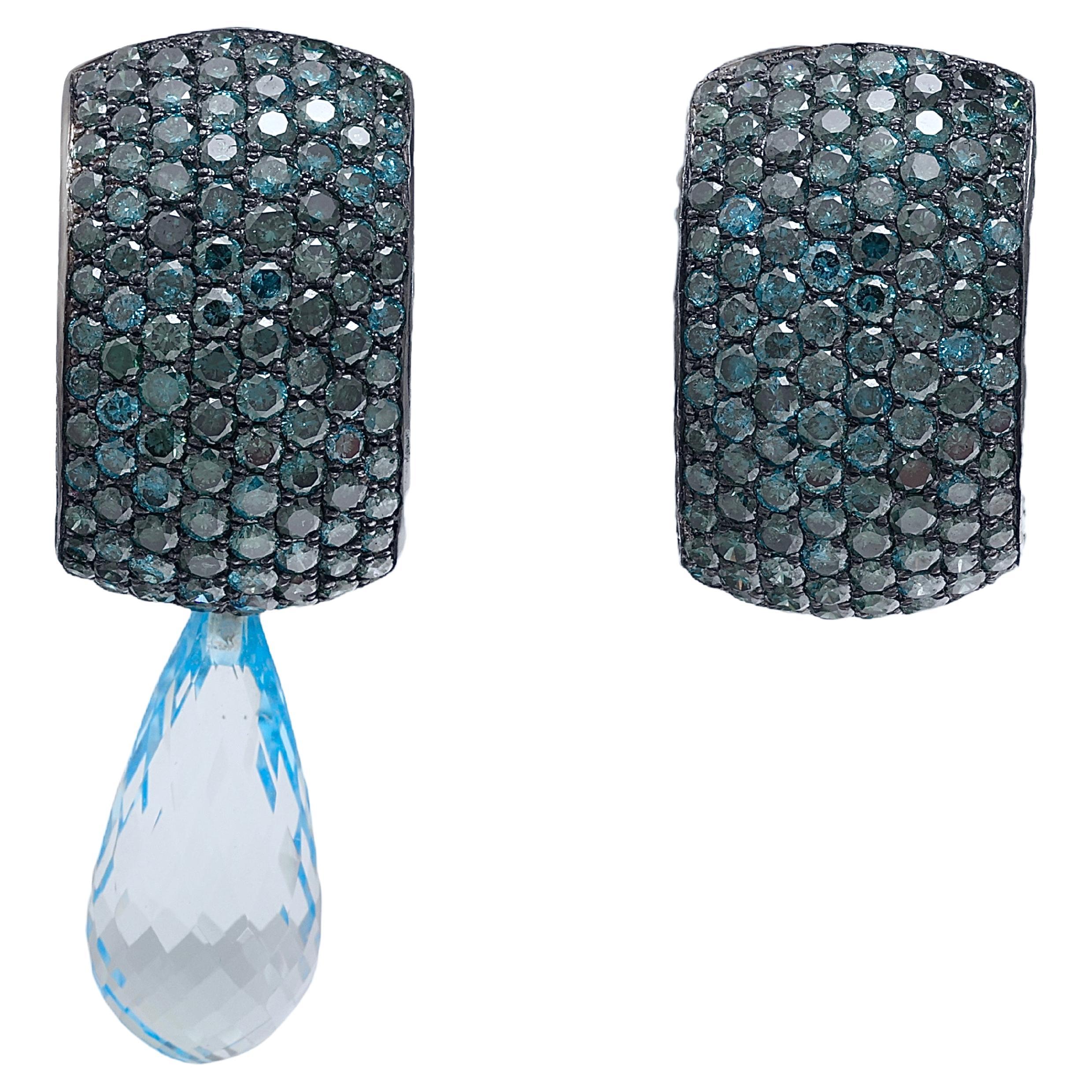 18 Kt White Gold Enhanced 5.76 Ct Blue Diamond Earrings, Changable Pendents For Sale