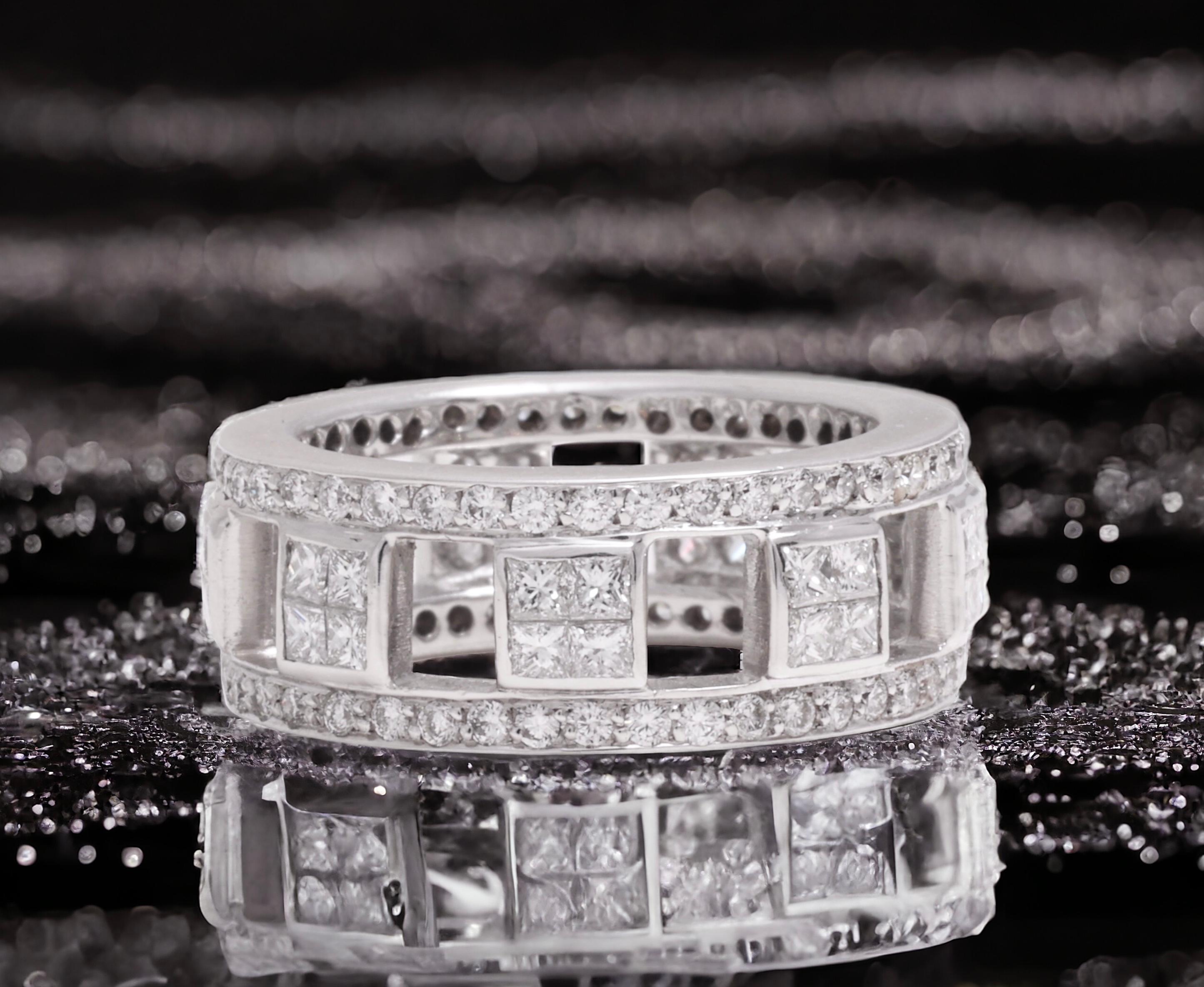 18 kt. White Gold Eternity Ring With 1.92 ct. Princess & Brilliant Cut Diamonds For Sale 10
