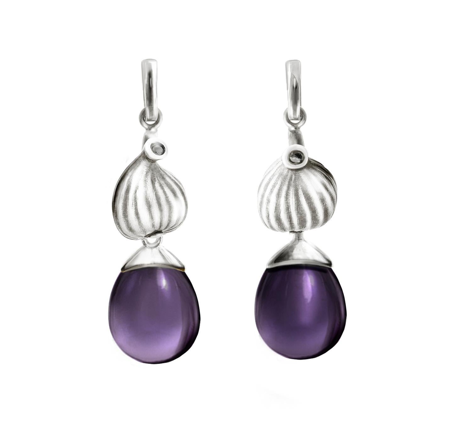 Artist Eighteen Karat White Gold Fig Cocktail Earrings with Amethysts and Diamonds For Sale