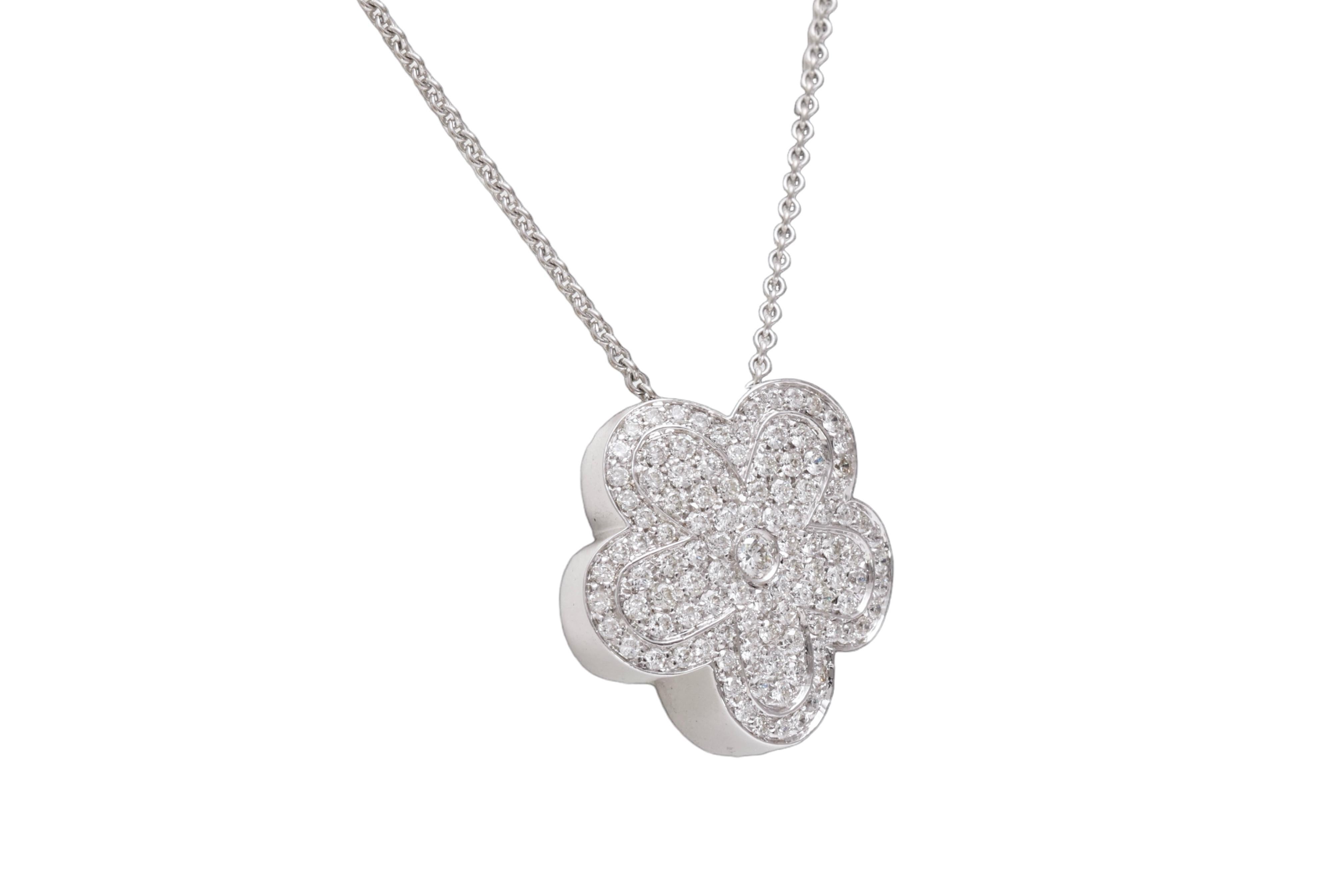 18 kt. White Gold Flower Pendant / Necklace With 1.18 ct. Diamonds For Sale 2