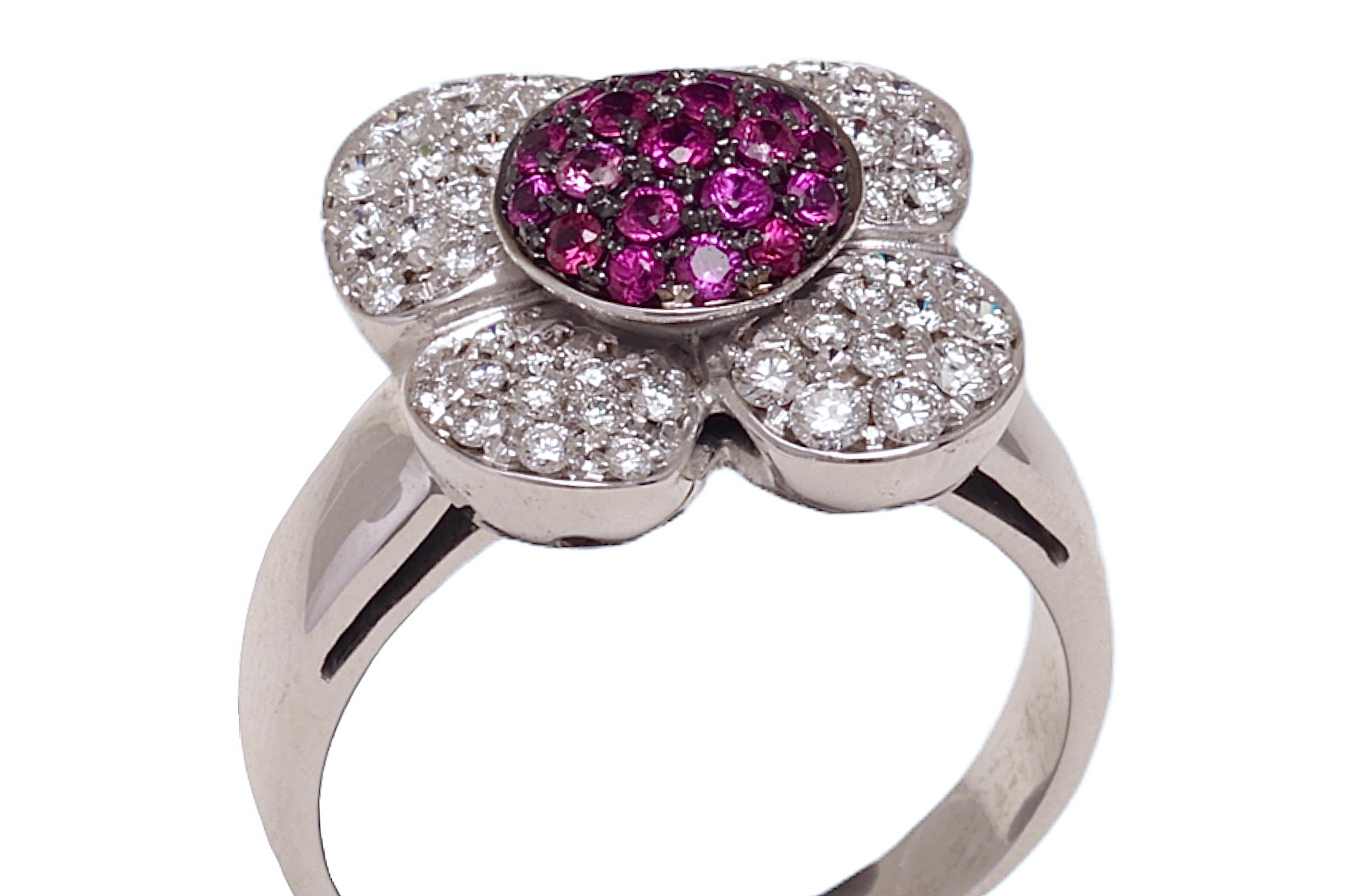 Artisan  18 kt. White Gold Flower Shape Ring with 1 ct. Diamonds & 0.5 ct. Pink Sapphire For Sale