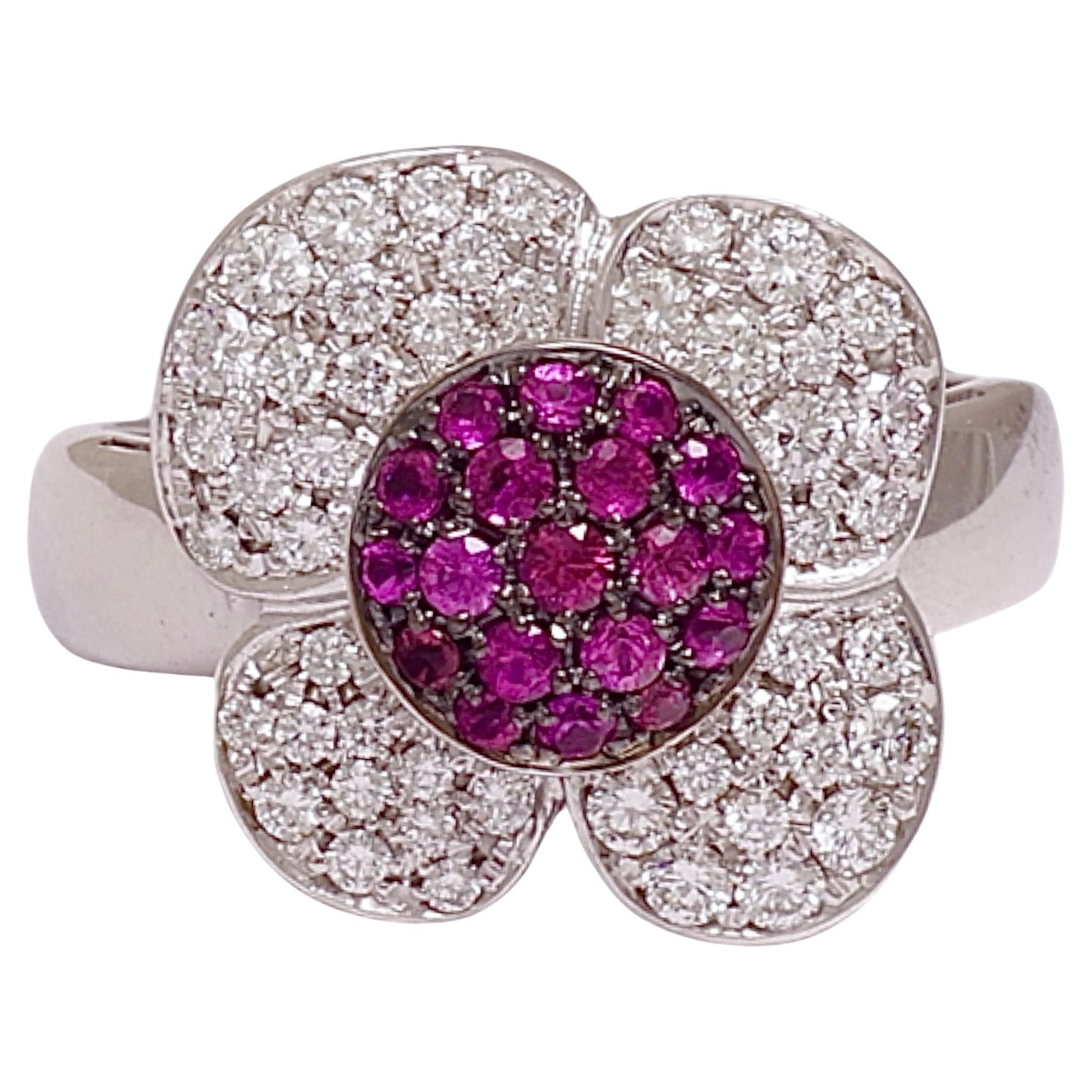 18 kt. White Gold Flower Shape Ring with 1 ct. Diamonds & 0.5 ct. Pink Sapphire For Sale