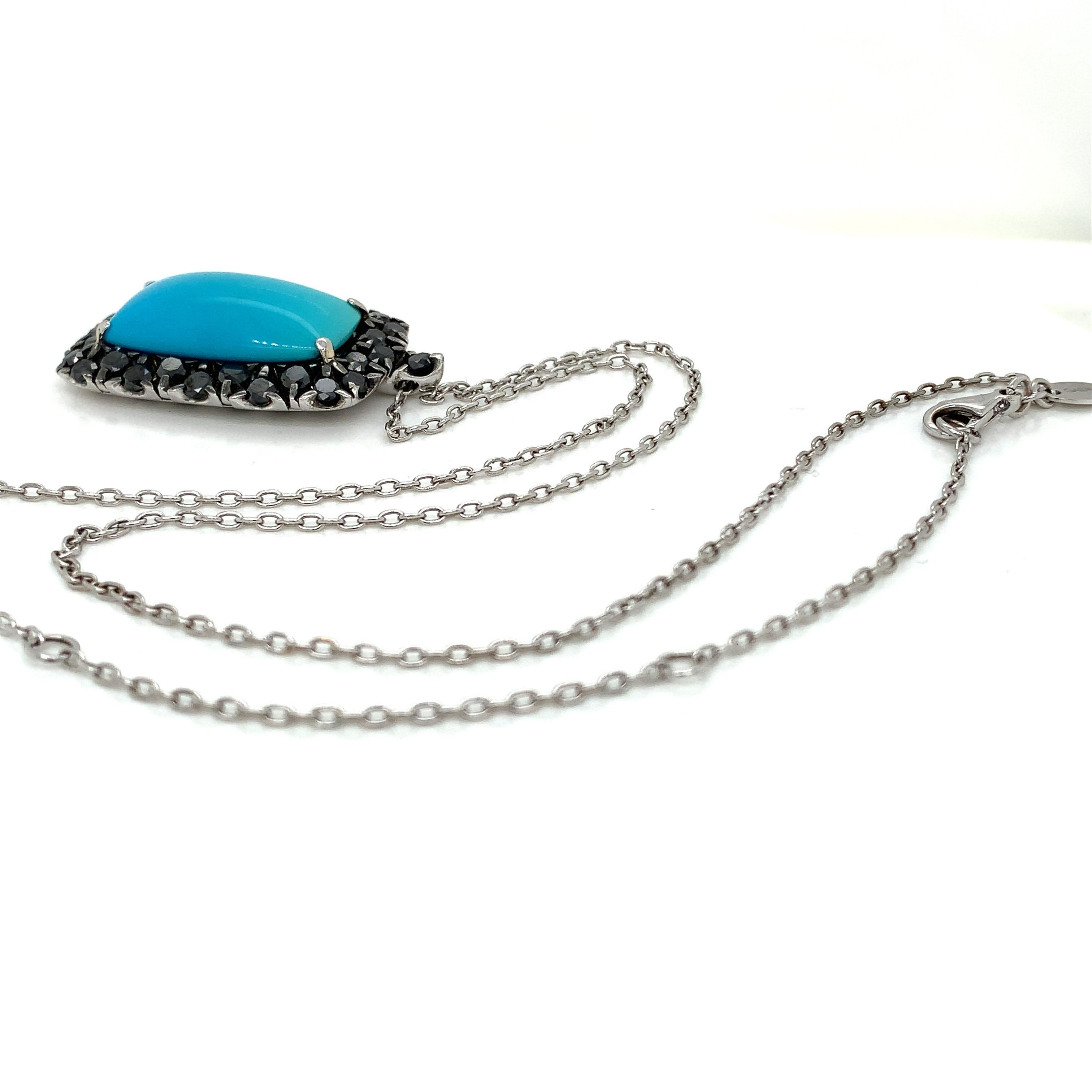 Round Cut 18 Kt White Gold Garavelli Pendant with Chain with Black Diamonds and Turquoise For Sale