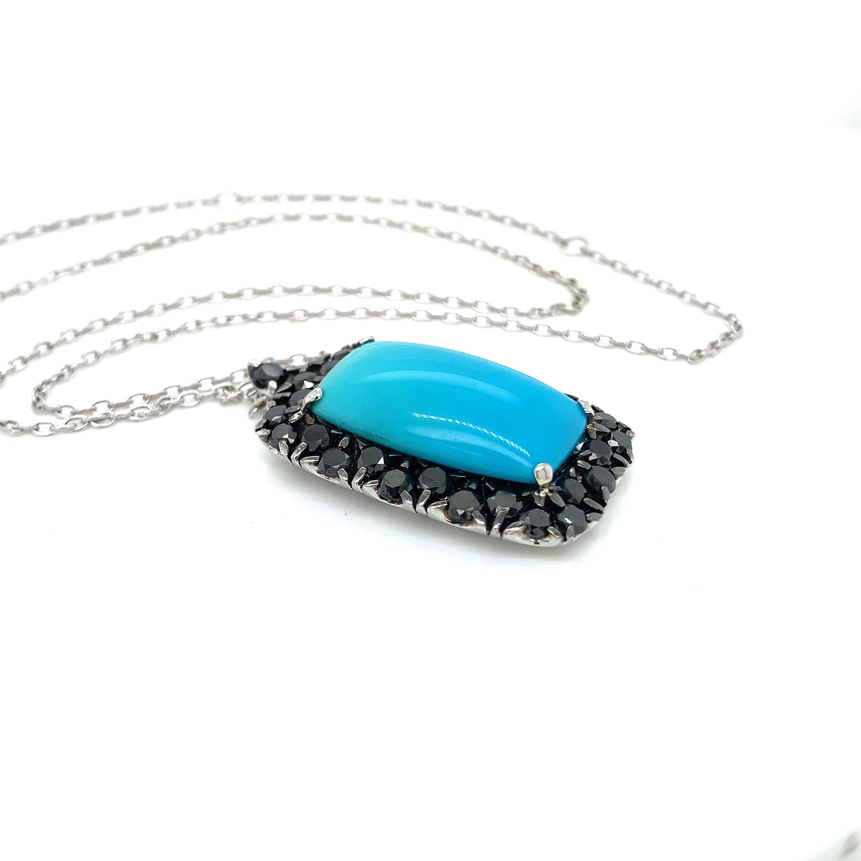 18 Kt White Gold Garavelli Pendant with Chain with Black Diamonds and Turquoise In New Condition For Sale In Valenza, IT