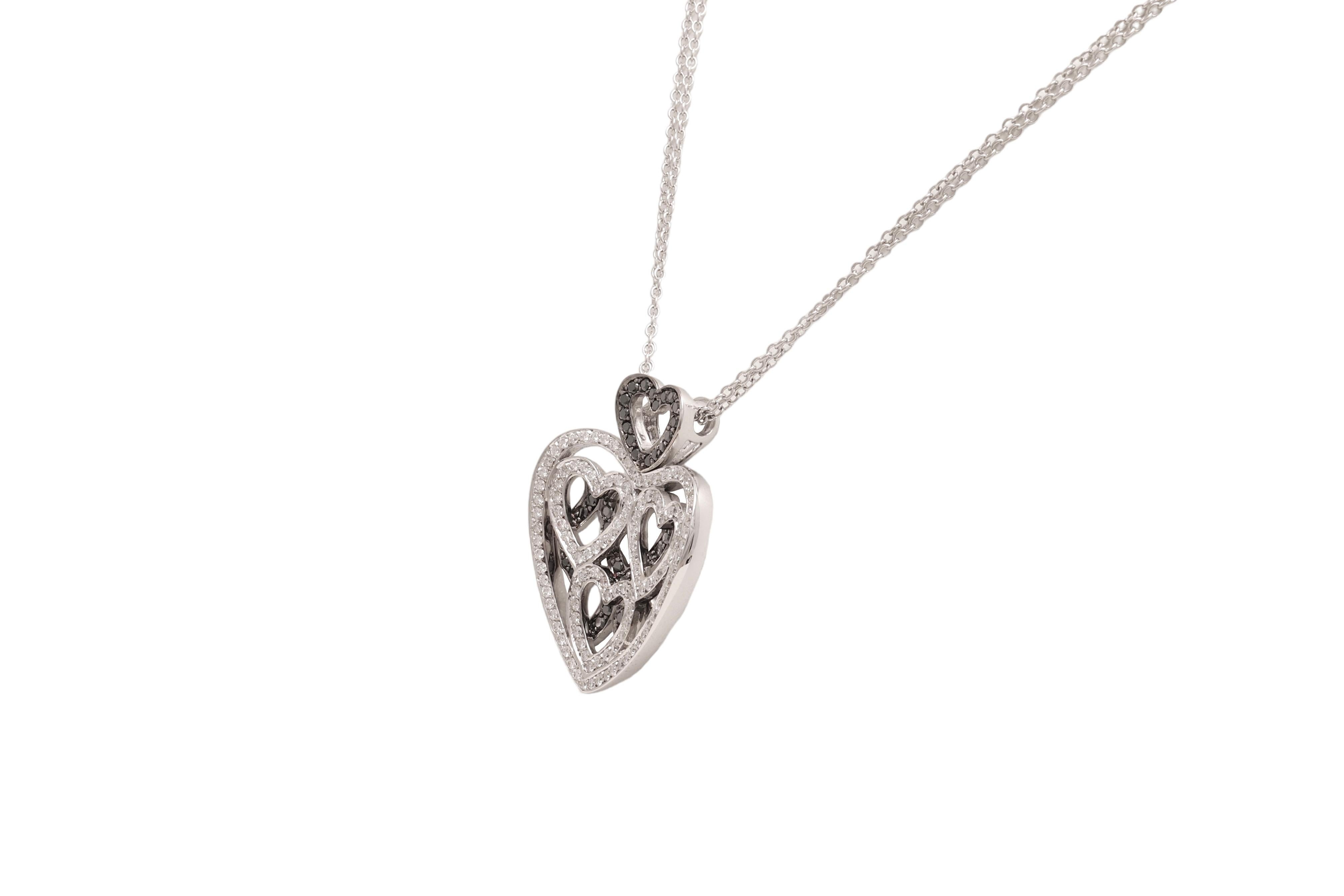 Brilliant Cut  18 kt. White Gold Heart Necklace With 1 ct. White & Black Diamonds  For Sale