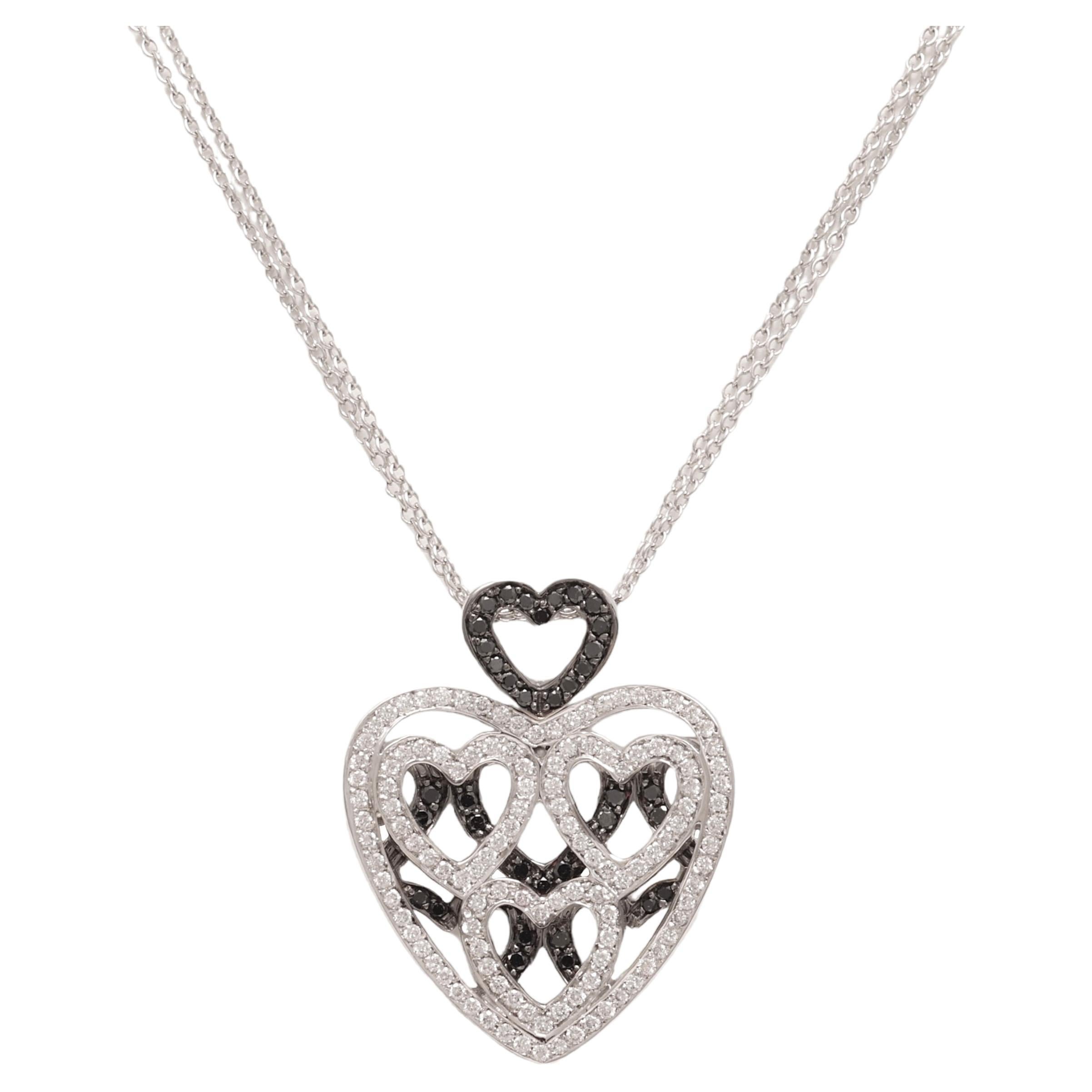  18 kt. White Gold Heart Necklace With 1 ct. White & Black Diamonds  For Sale