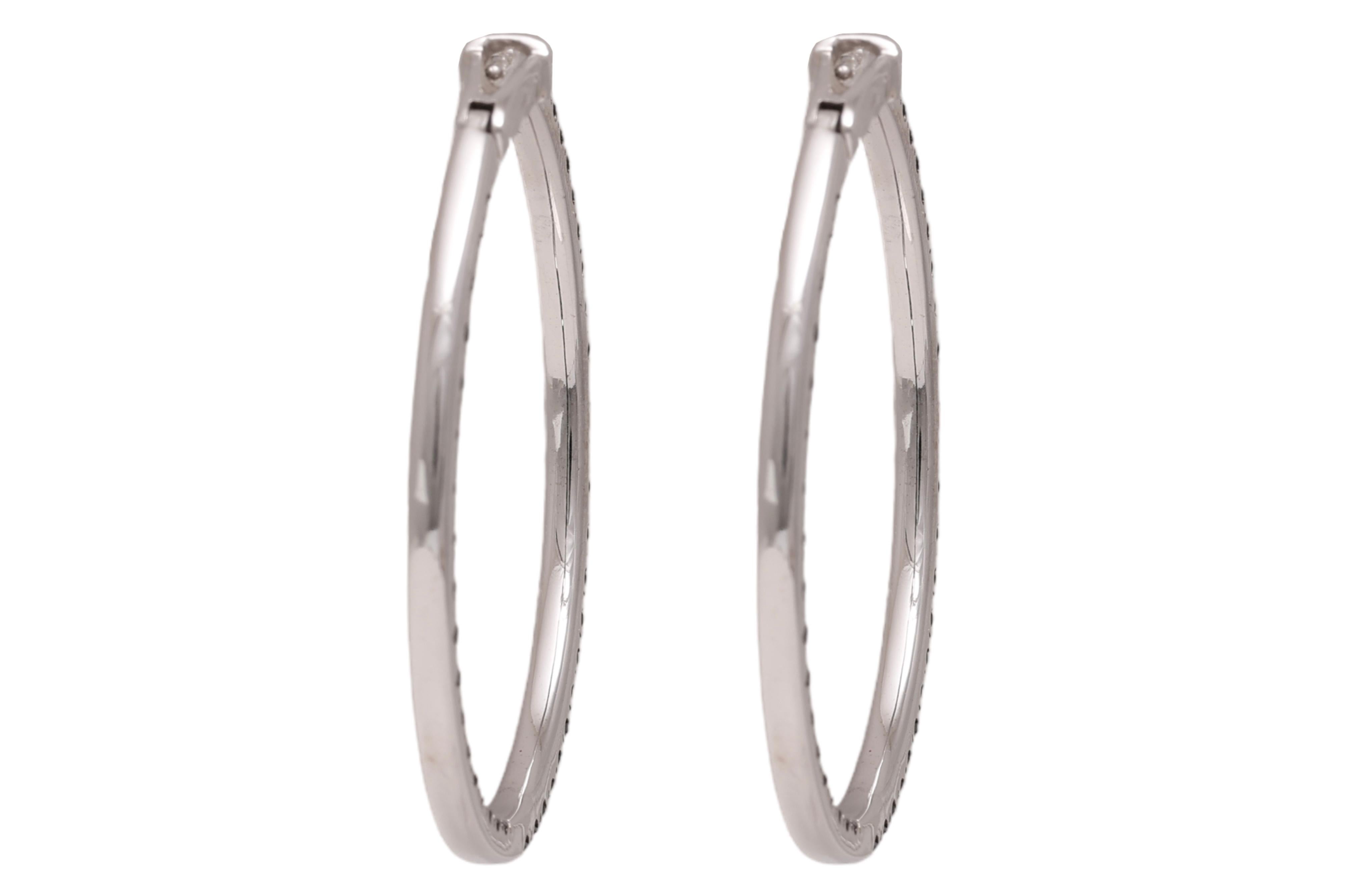 Women's or Men's 18 kt. White Gold Loop Earrings With 5.28 ct. Black Diamonds For Sale