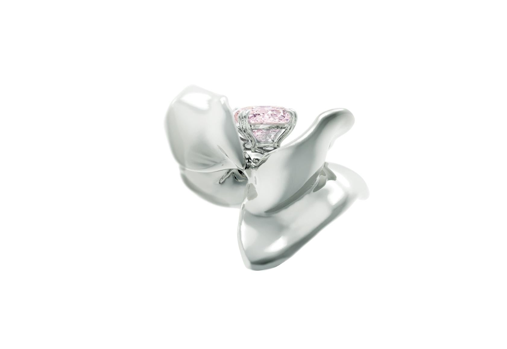 Cushion Cut Purplish Pink Diamond Eighteen Karat White Gold Sculptural Magnolia Brooch For Sale