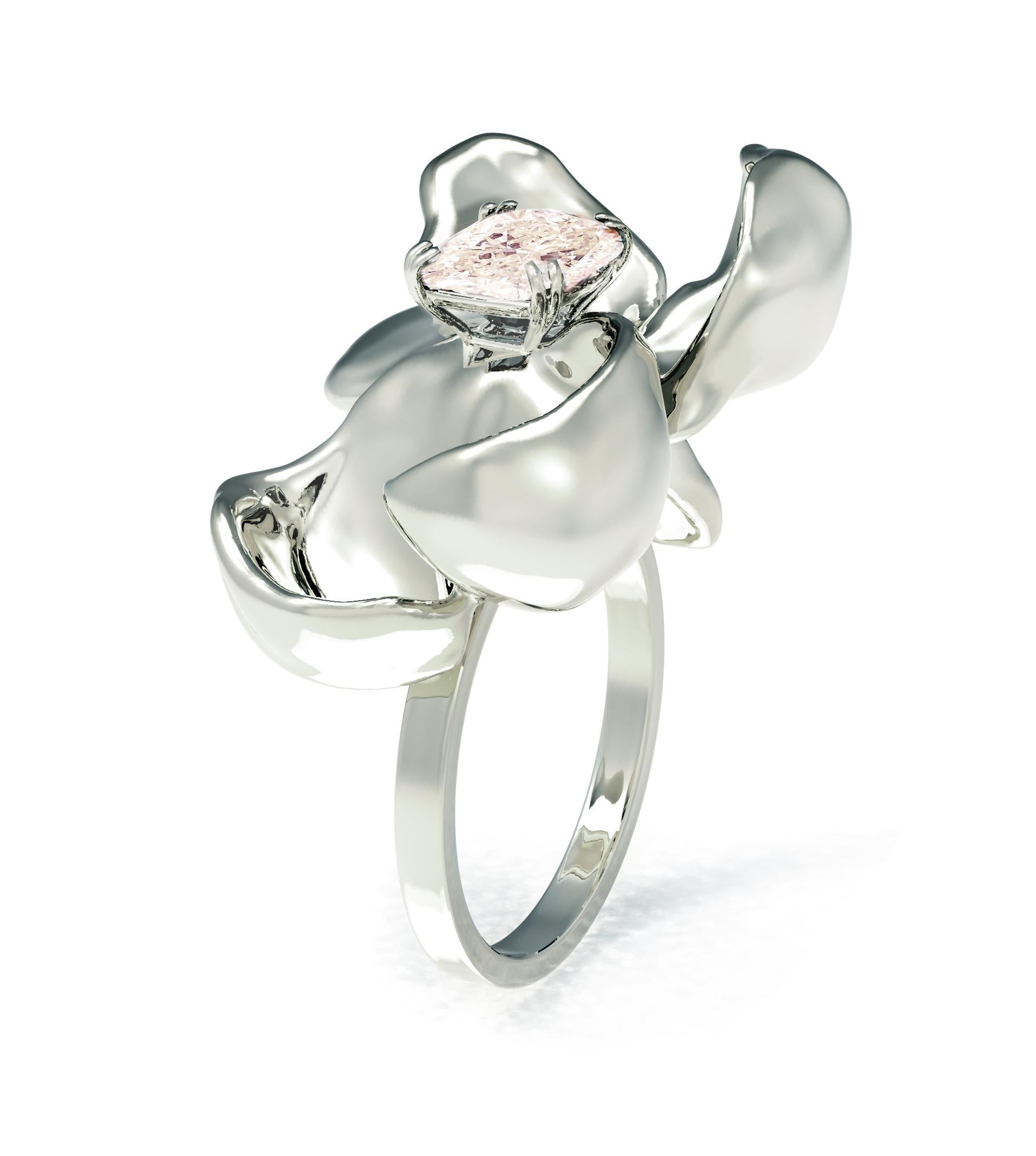 Cushion Cut Fancy Light Pink Diamond Eighteen Karat White Gold Magnolia Ring For Sale