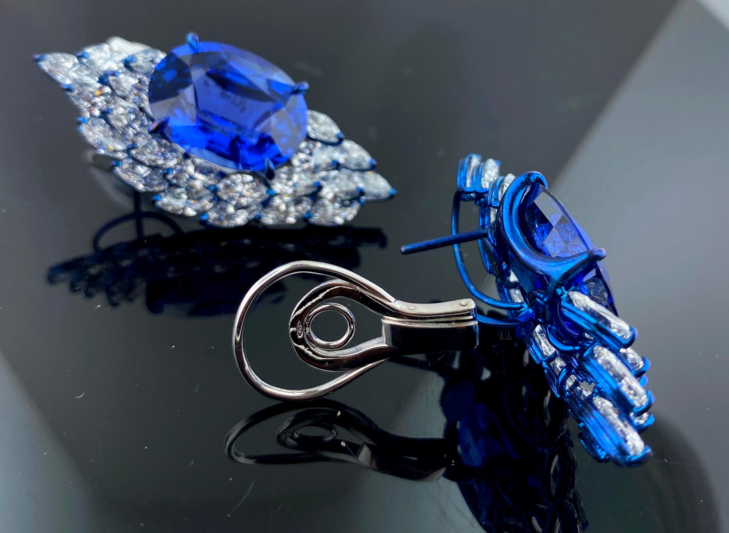 Oval Cut 18 Karat White Gold Marquise Diamond and 18 Carat Each Blue Sapphire Earrings For Sale