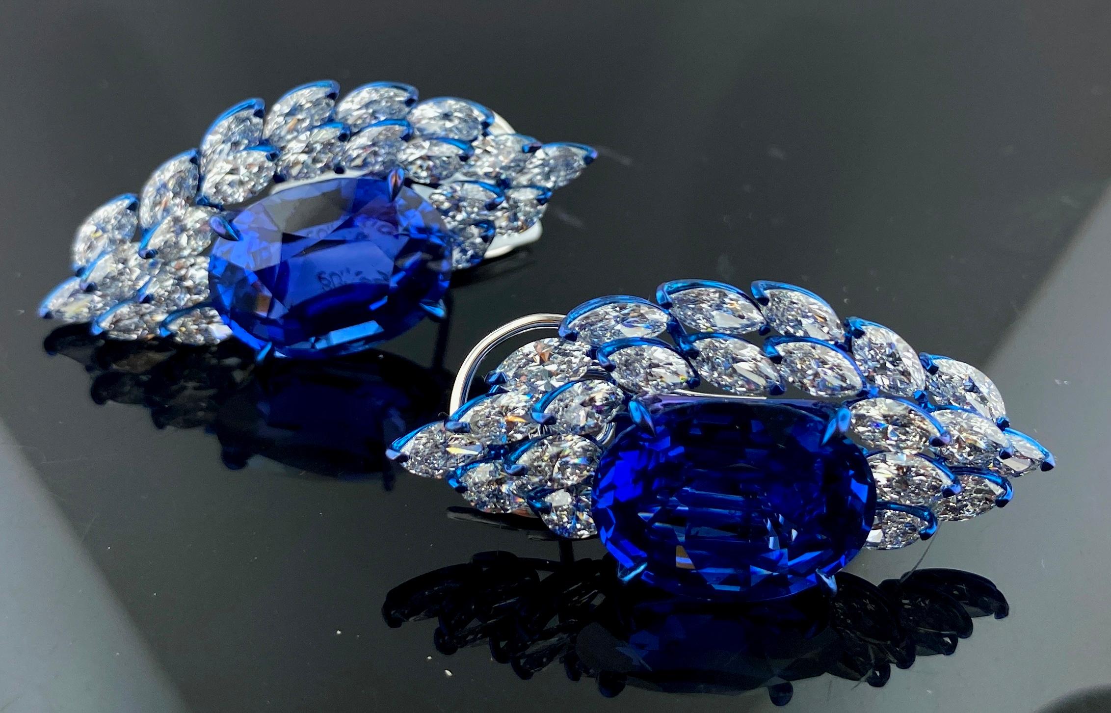 Women's or Men's 18 Karat White Gold Marquise Diamond and 18 Carat Each Blue Sapphire Earrings For Sale