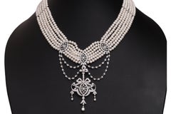 18 kt. White Gold Multi Strand, Fresh Water Pearl Choker Necklace With Diamonds