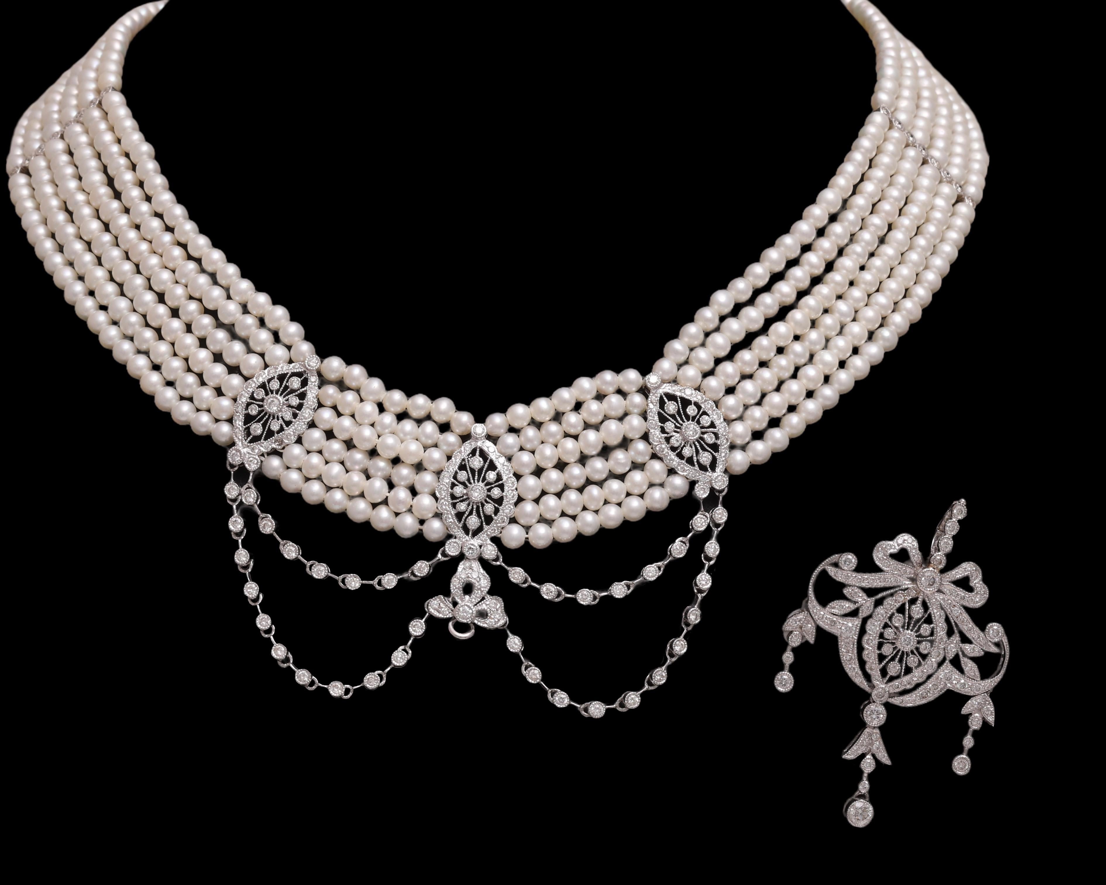 Artisan 18 kt. White Gold Multi Strand, Fresh Water Pearl Choker Necklace With Diamonds For Sale