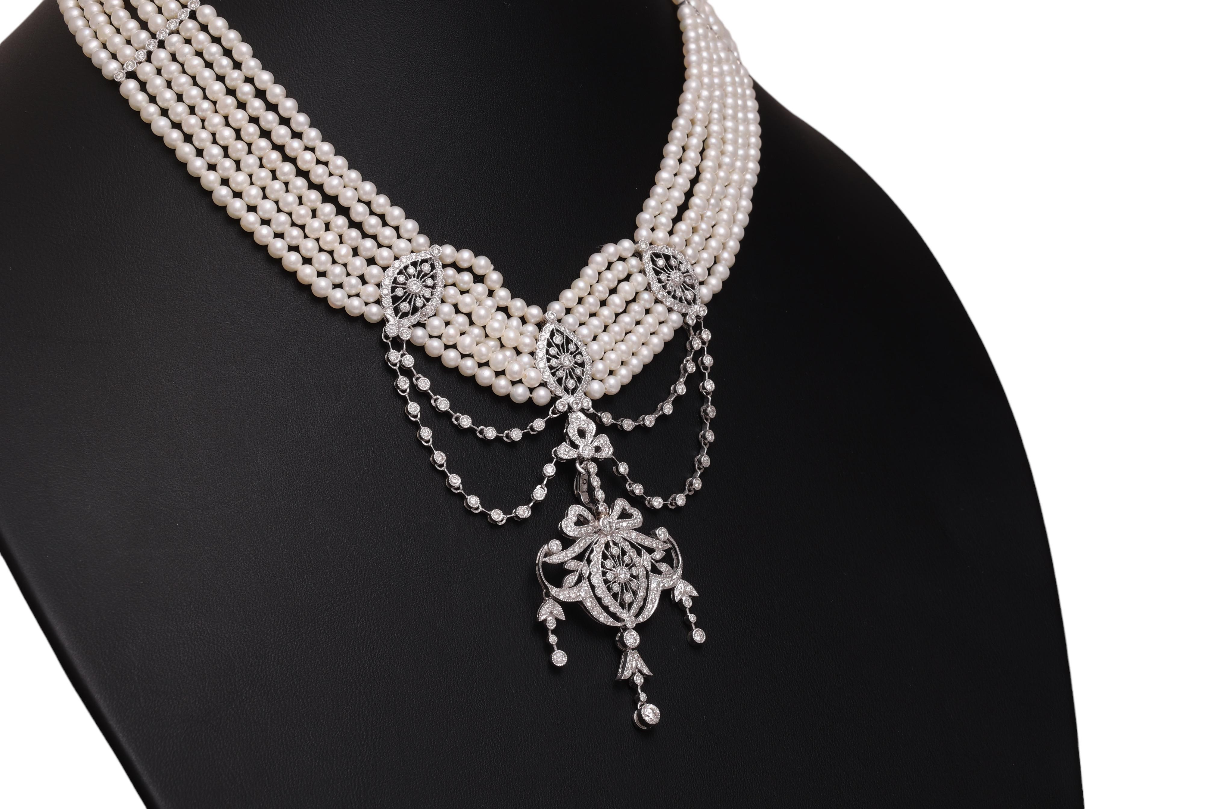 Round Cut 18 kt. White Gold Multi Strand, Fresh Water Pearl Choker Necklace With Diamonds For Sale