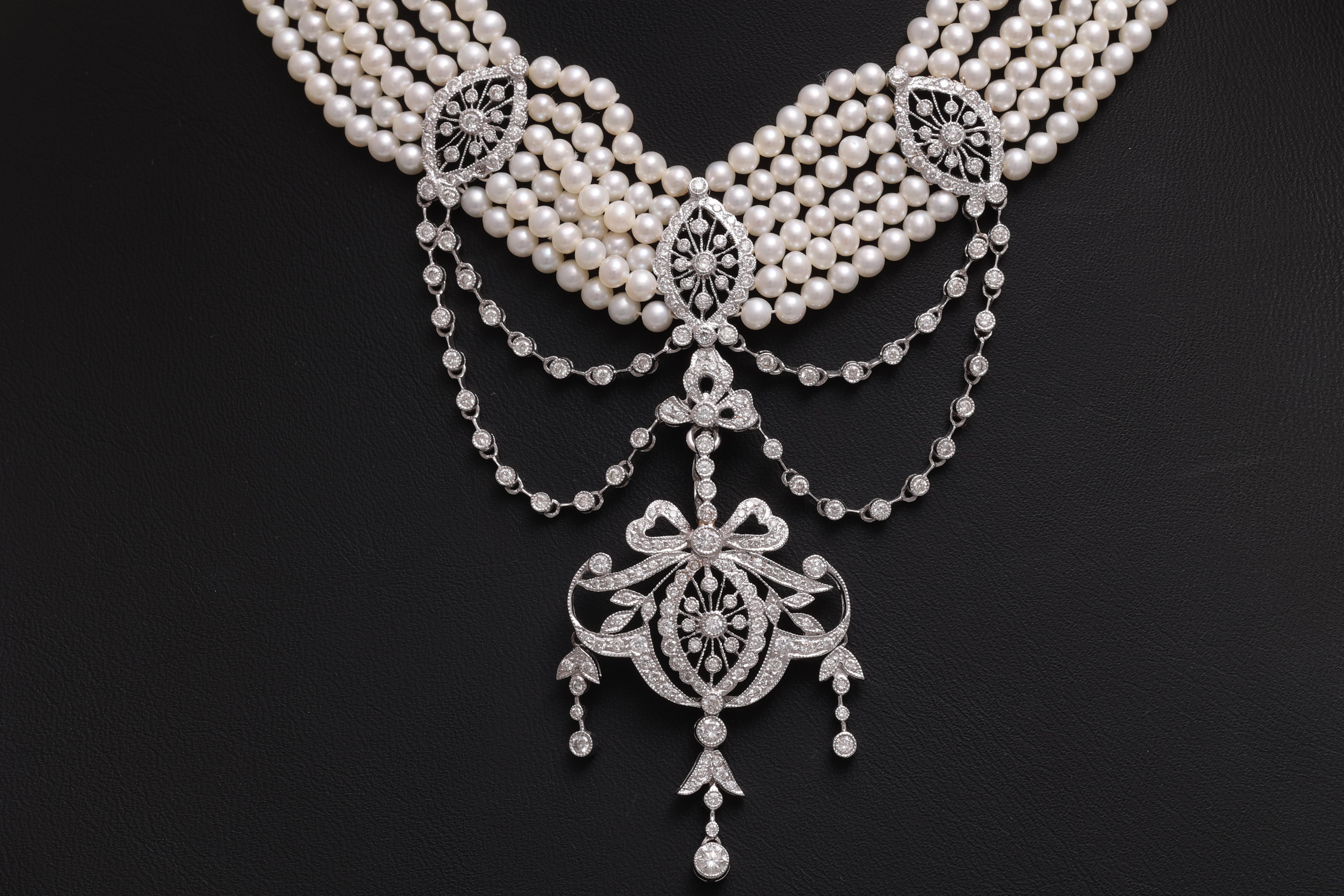 Women's or Men's 18 kt. White Gold Multi Strand, Fresh Water Pearl Choker Necklace With Diamonds For Sale