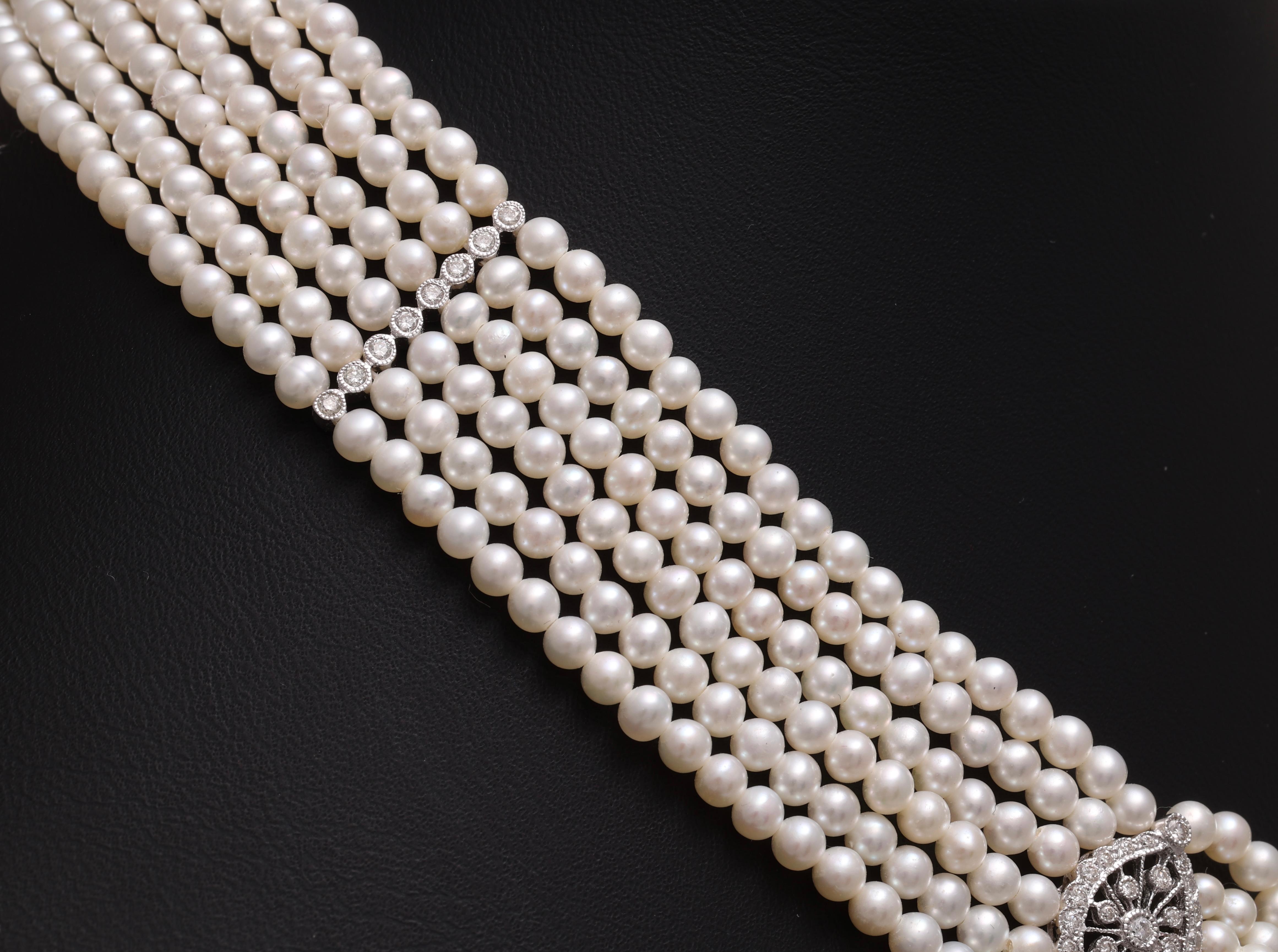 18 kt. White Gold Multi Strand, Fresh Water Pearl Choker Necklace With Diamonds For Sale 1