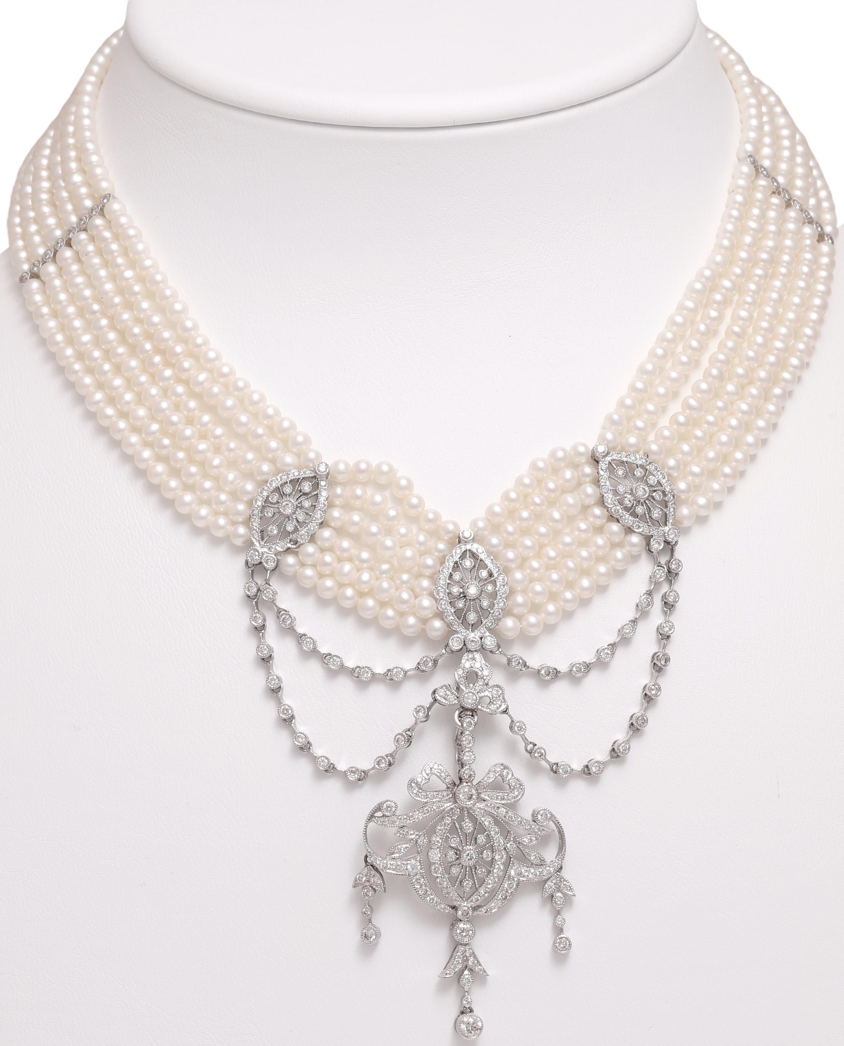 18 kt. White Gold Multi Strand, Fresh Water Pearl Choker Necklace With Diamonds For Sale 2