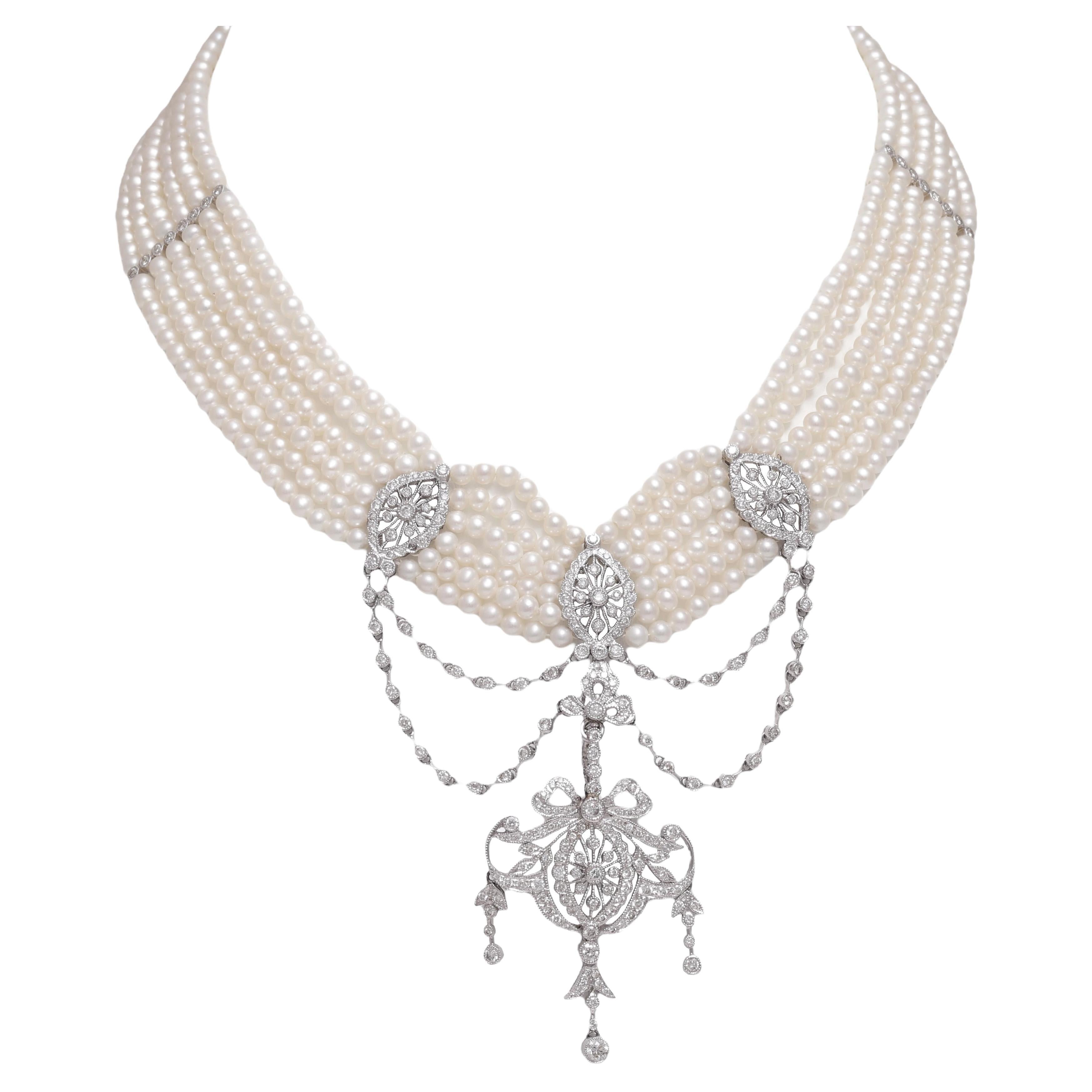 18 kt. White Gold Multi Strand, Fresh Water Pearl Choker Necklace With Diamonds