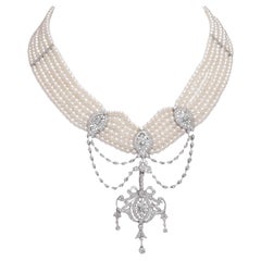 18 kt. White Gold Multi Strand, Fresh Water Pearl Choker Necklace With Diamonds