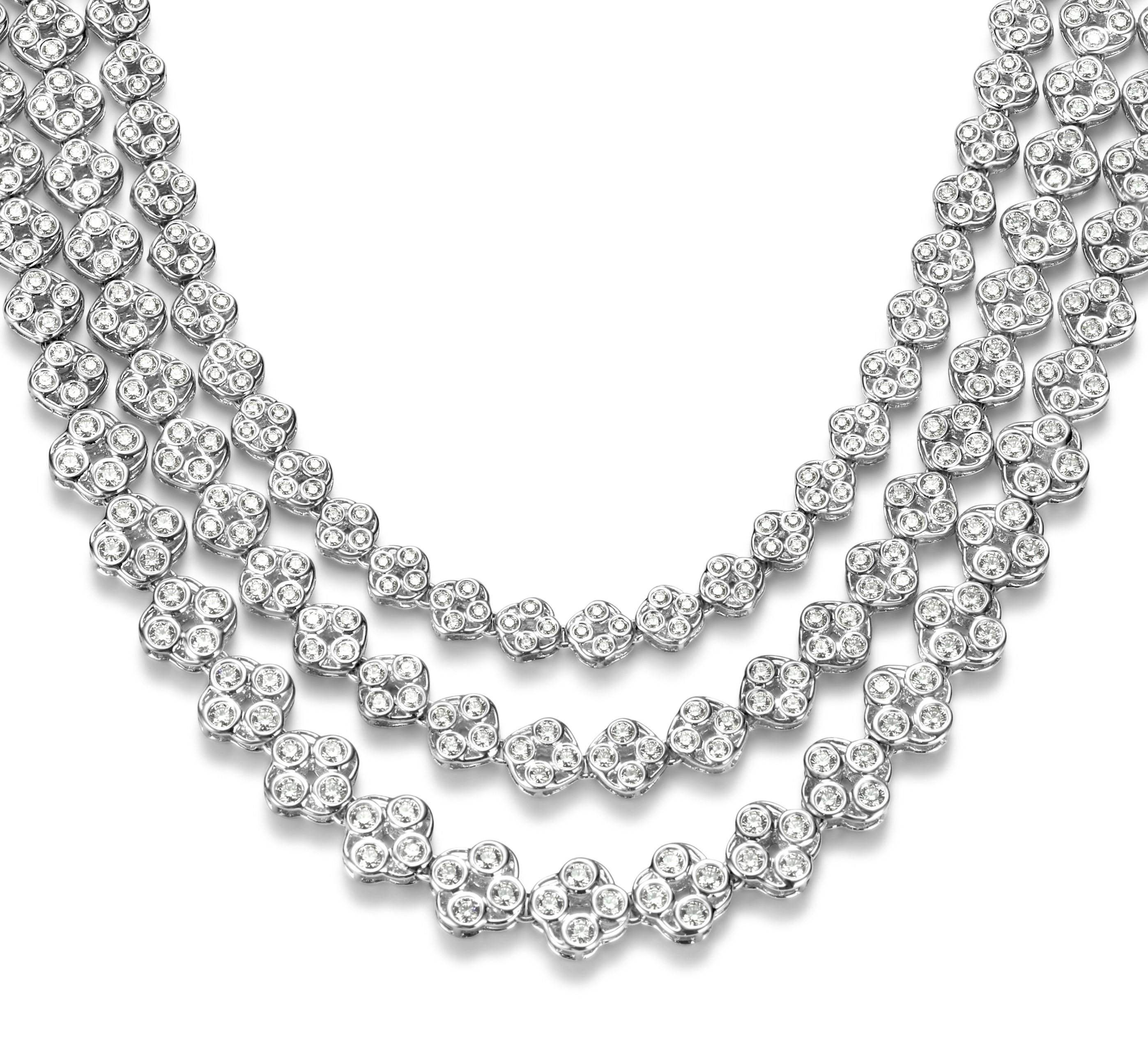 18 kt. White Gold Multi Strand Necklace with 23.48 ct. Brilliant cut Diamonds 
Can be purchased with a gorgeous matching bracelet.

Diamonds: Brilliant cut diamonds together approx. 23.48 ct. Top Quality !

Material: 18 kt. white gold

Measurements: