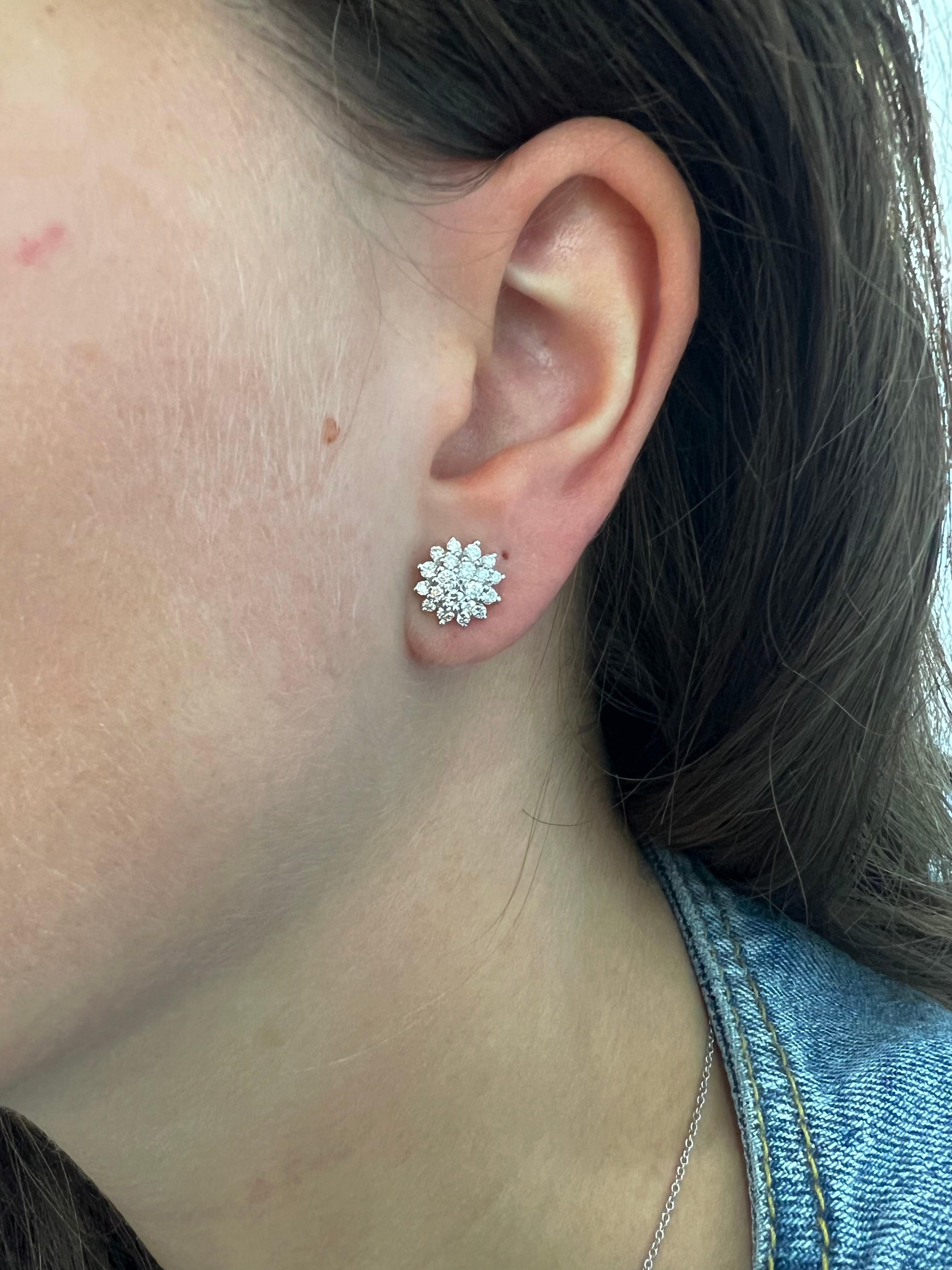 Women's or Men's 18 Karat White Gold Natural Diamond Cluster Stud Earrings E07655 For Sale