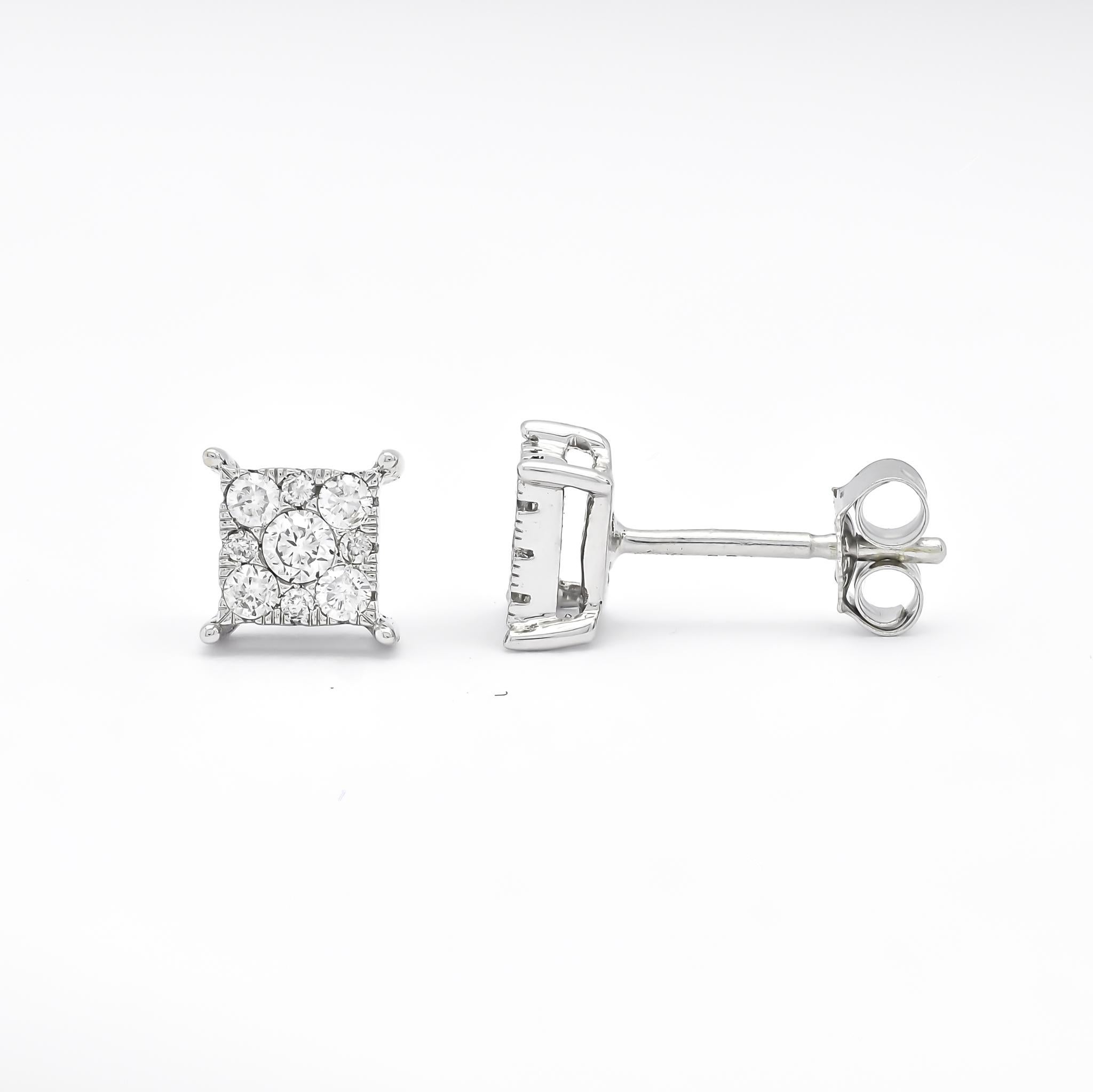 This Unique Cluster of round diamonds is set up in Square Shape giving it an illusion of a  Princess Cut Diamond. Solitaire Cluster Stud earrings are perfectly balanced pieces that announce your sense of refinement and class.  It is a classic stud