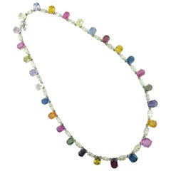 18 KT White Gold Natural Multicolored Sapphire Necklace with 27 Oval Sapphires