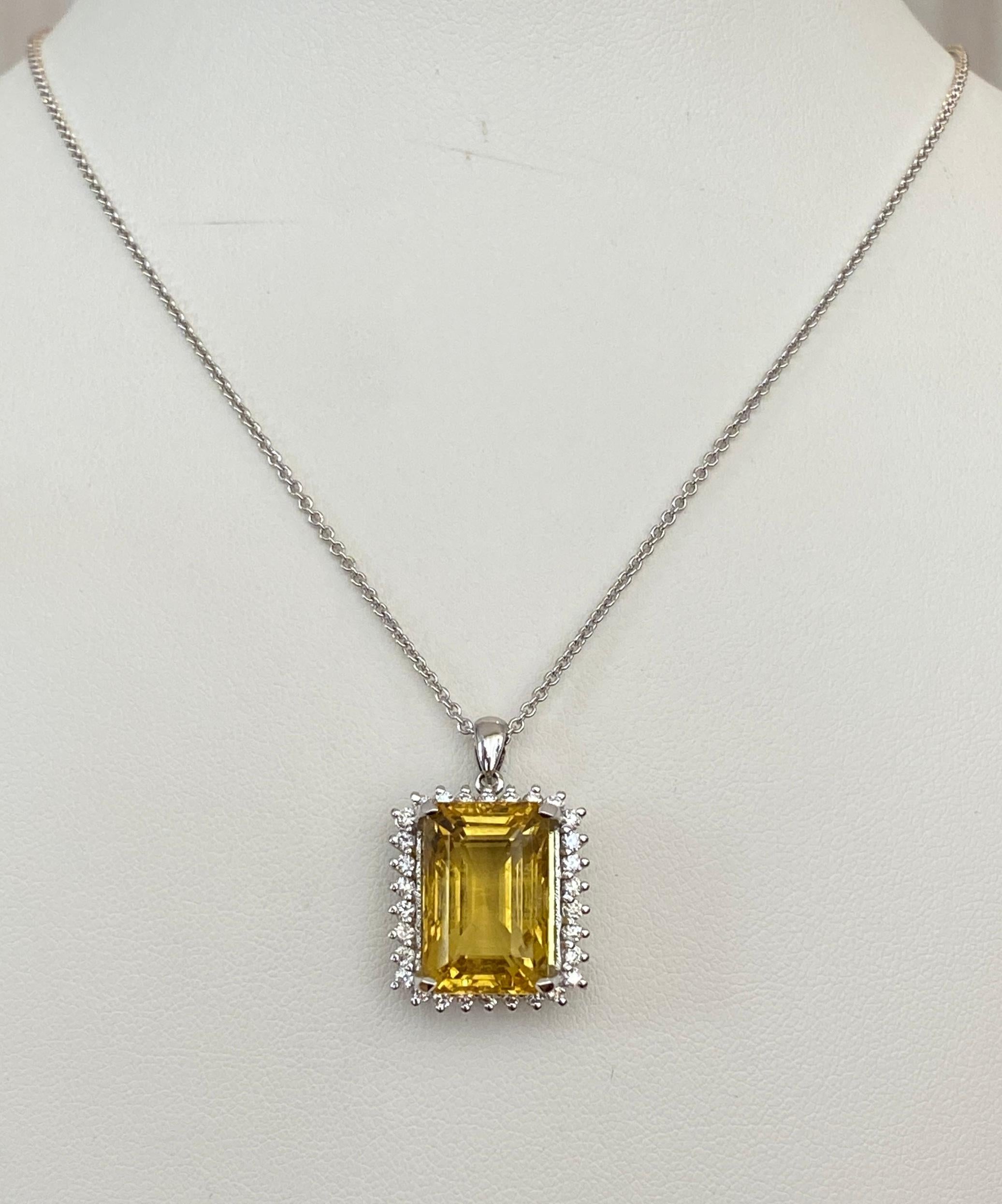 Emerald Cut 18 Karat White Gold Necklace with a Diamond Pendant Decorated with Citrine